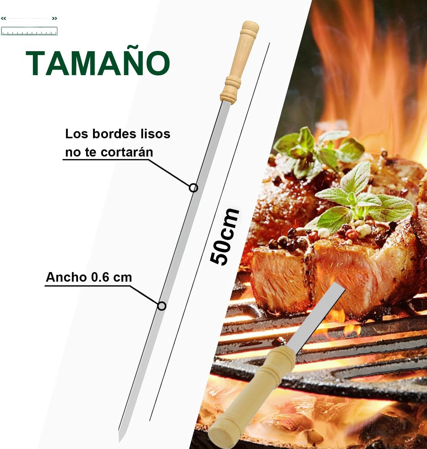 12 Piezas Brochetas Planas para Barbacoa de Acero Inoxidable con Mango de Madera, Pinchos para Barbacoa Reutilizables y Resistentes, Ideal para Parrilla, Pinchitos, Pinchos Morunos y BBQ, 50cm