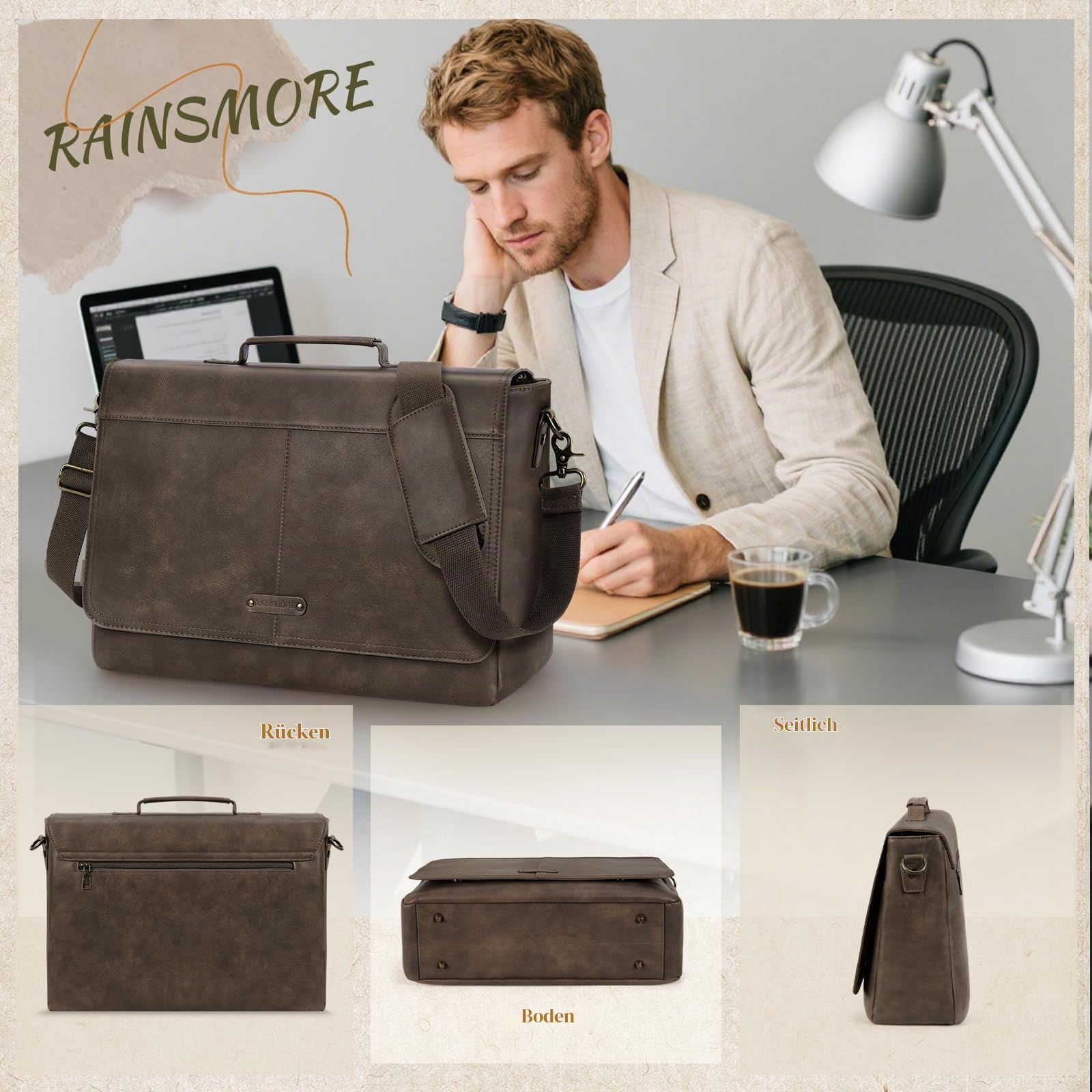 RAINSMORE Aktentasche Herren 15,6 Zoll Laptoptasche Wasserdicht - Business Messenger Bag Herren Umhängetasche aus PU Leder - Vintage Arbeitstasche & Schultertasche für Büro & Uni