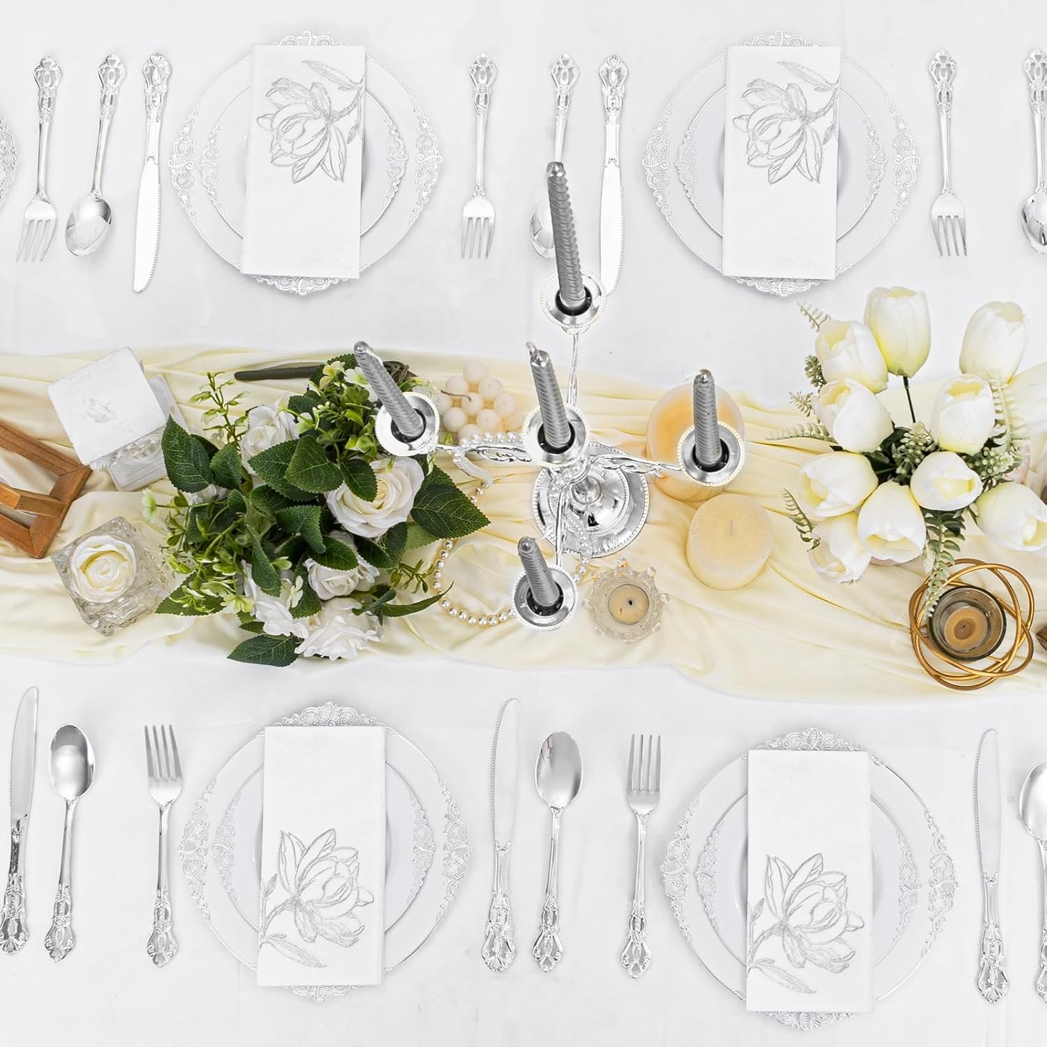 50 Pack Silver Magnolia Napkins - Silver Floral Disposable Napkins - Cloth-Like Feel Dinner Paper - Vintage Heavy Duty Hand Towels for Bathroom Wedding Holiday Party Bridal Decorative Towels