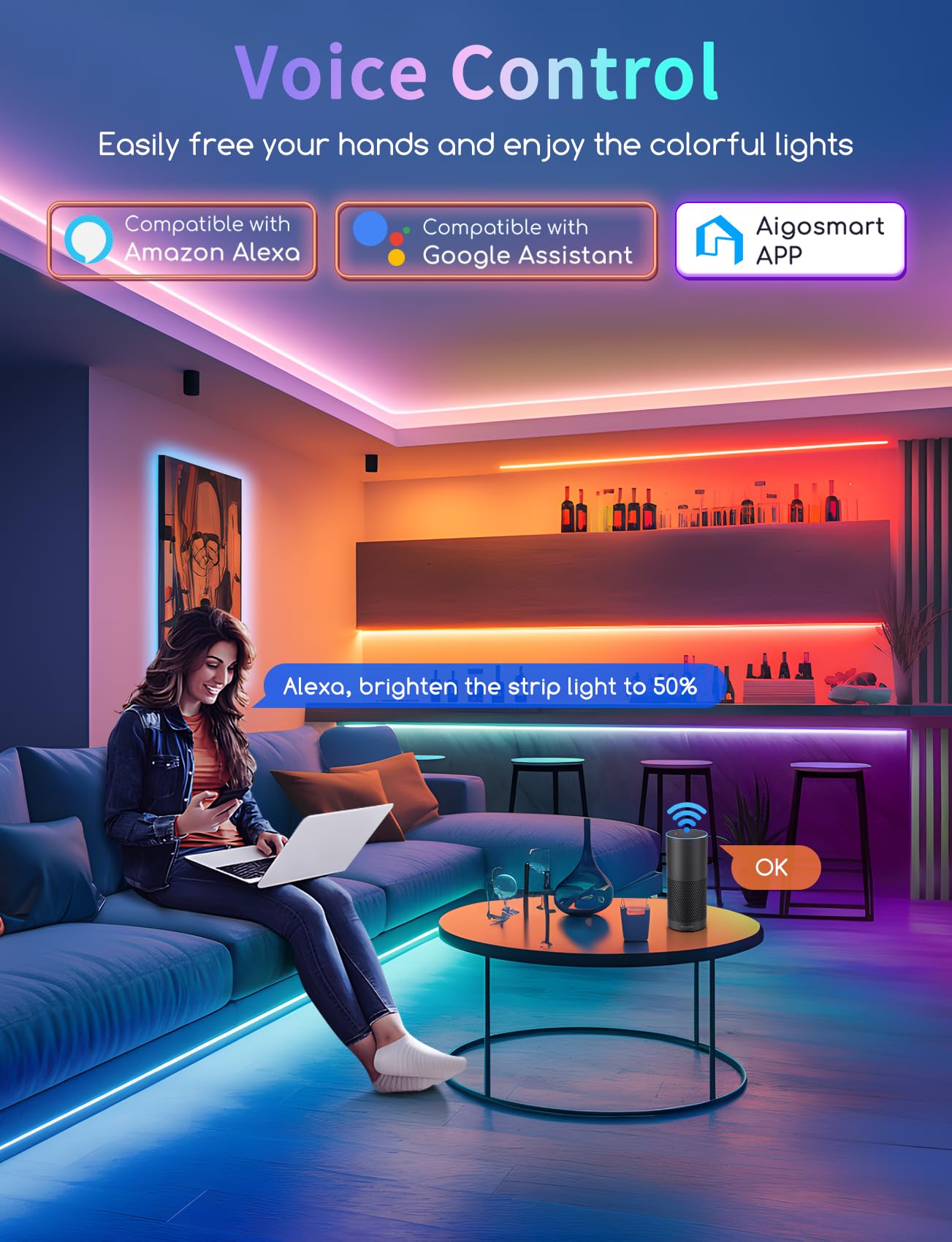 Taśma LED Aigostar Alexa, RGBIC, 10 m (30 diod LED/m), 24 W, oświetlenie Alexa z segmentowym sterowaniem, synchronizacją muzyki i kolorami DIY do pokoju, na imprezę, do majsterkowania