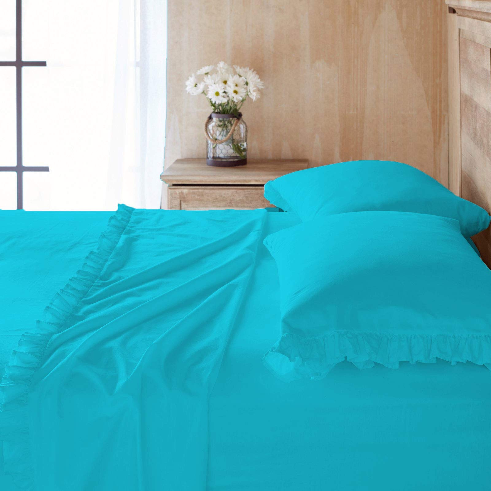 Parure de lit turquoise 6 pièces à volants : confort thermorégulateur en pur coton