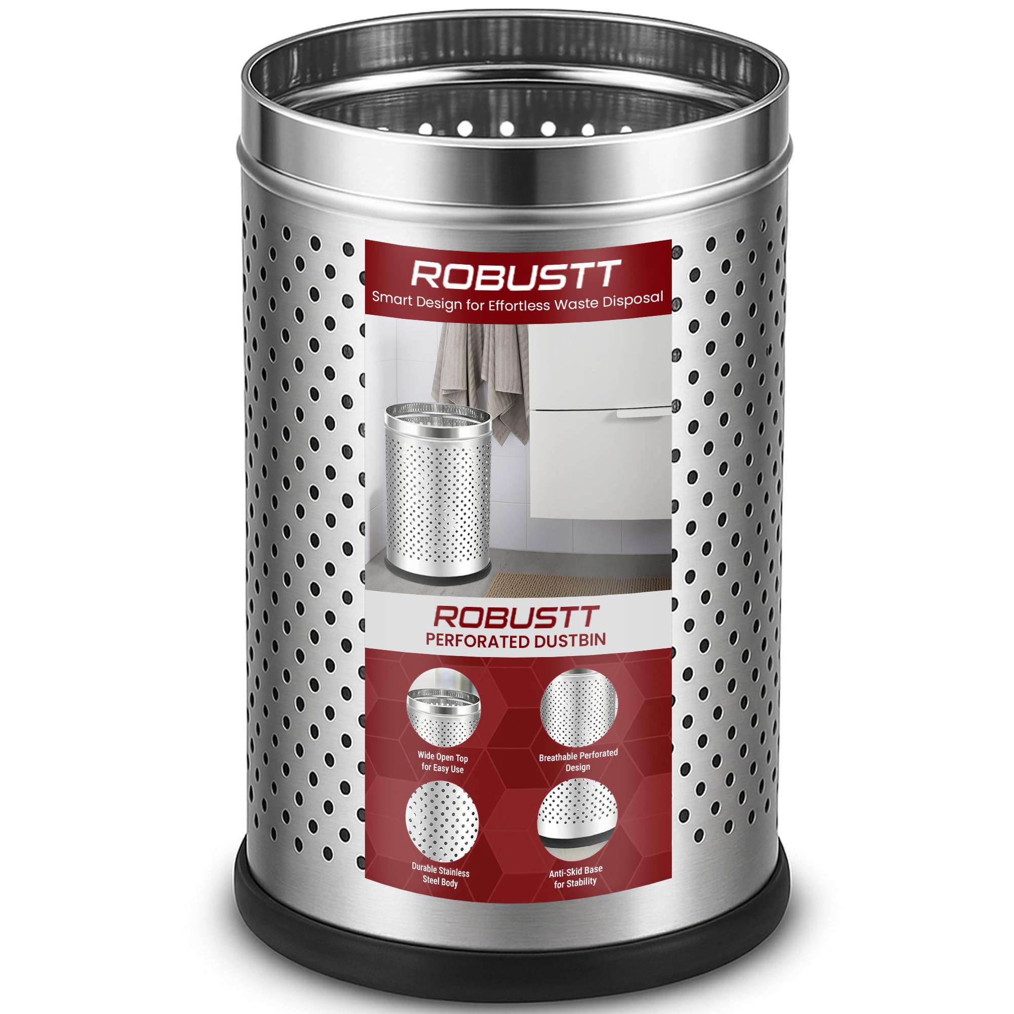 Robustt Stainless Steel Perforated Design Open Top Dustbin - 10L | 8 Inch (W) x 12Inch (H) Silver Trash Can with Anti-skid Base | For Bathroom, Bedroom, Kitchen & Toilet or Commericial Use - Pack of 1