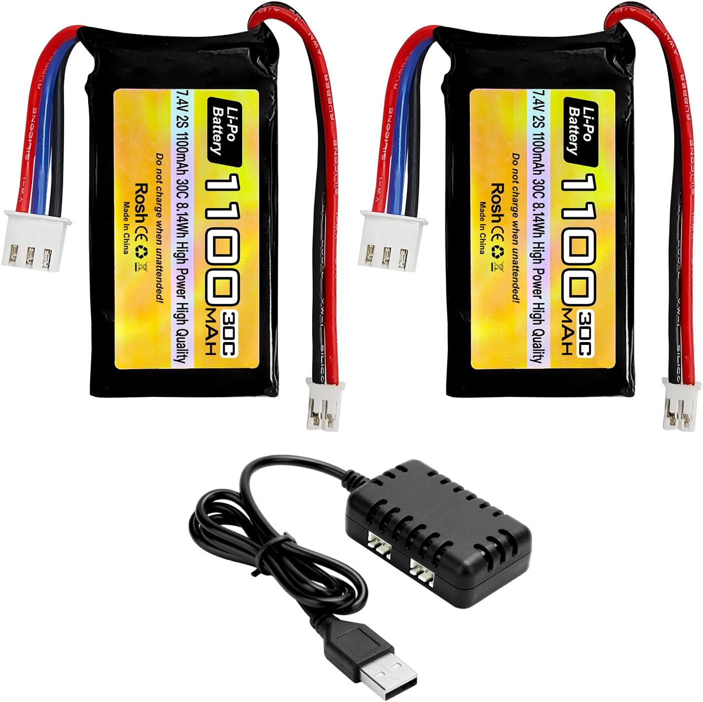 sea jump 2PCS 7.4V Lipo Battery 2S 30C 1100mAh Rechargeable Battery with PH2.0 Plug for SCX24 Toy Car Compatible with Most RC Car Trucks in 1/10, 1/16, 1/18, 1/24 Ratios, with 1 Trailer 2 Chargers