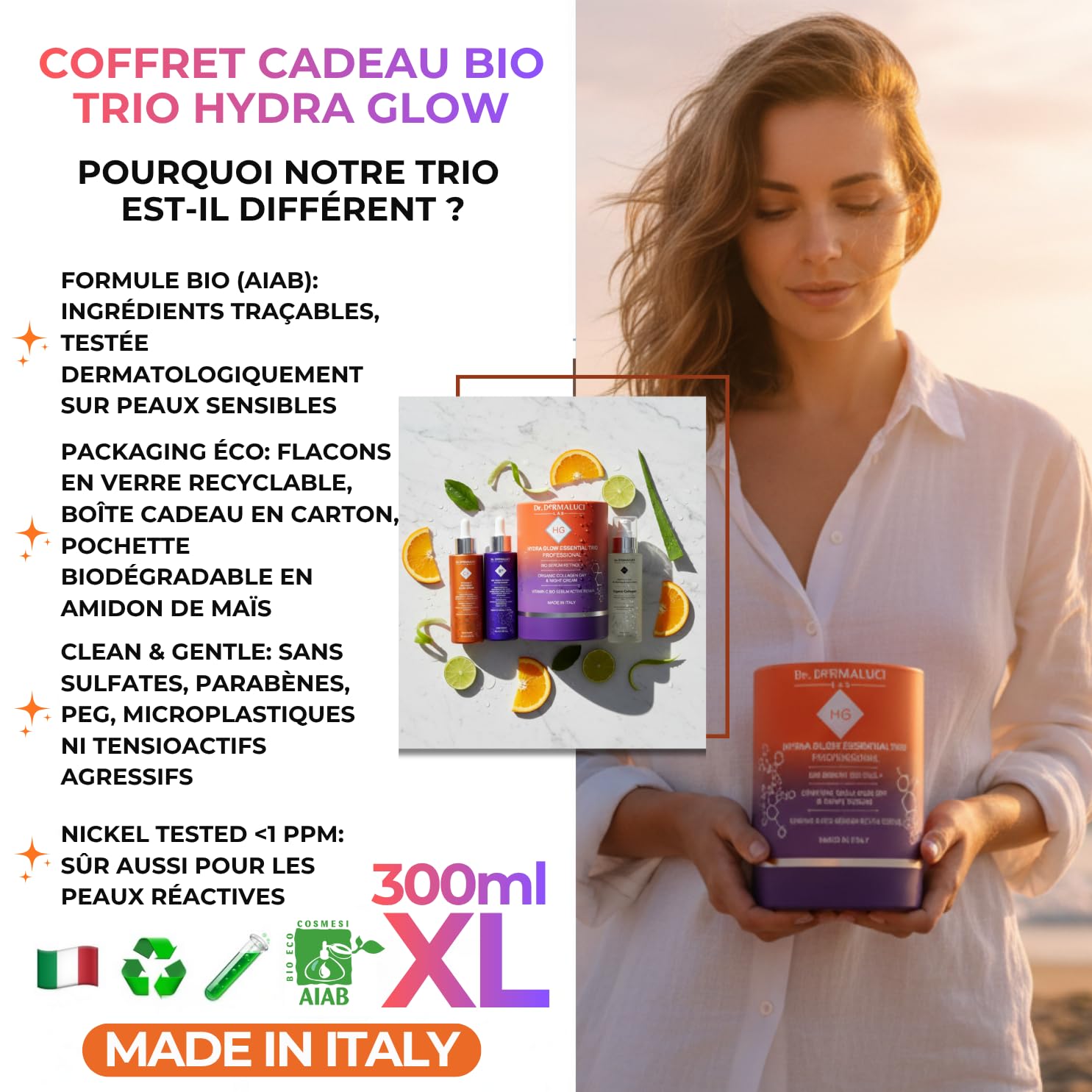 Dr. Dermaluci Lab TRIO Cadeau Routine BIO Anti-Âge - Repulpe, Renouvelle, Hydrate, Illumine - Sérum Vitamine C + Crème Collagène + Sérum Rétinol - AIAB, Nickel Tested, Made in Italy - 300ml