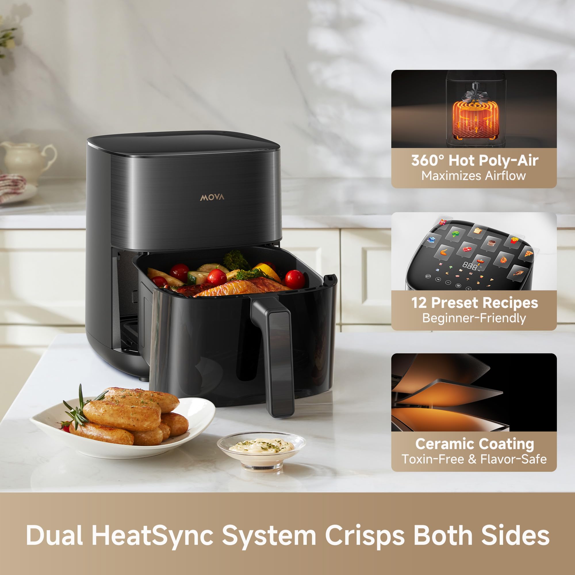 The Mova FD10s Pro air fryer features a large 6L capacity basket with a transparent viewing window and internal light.