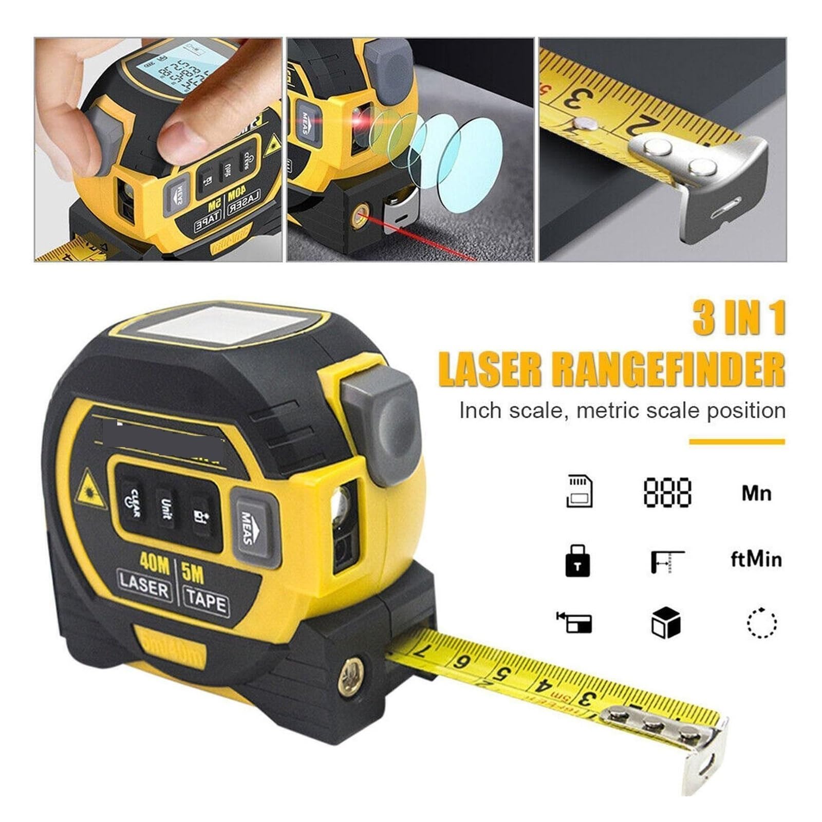 Telémetro láser 3 en 1, Regla de Cinta métrica 5m, Pantalla LCD con retroiluminación, medidor Volumen área Distancia, Dispositivo medición construcción Precisión Flexibilidad Medición