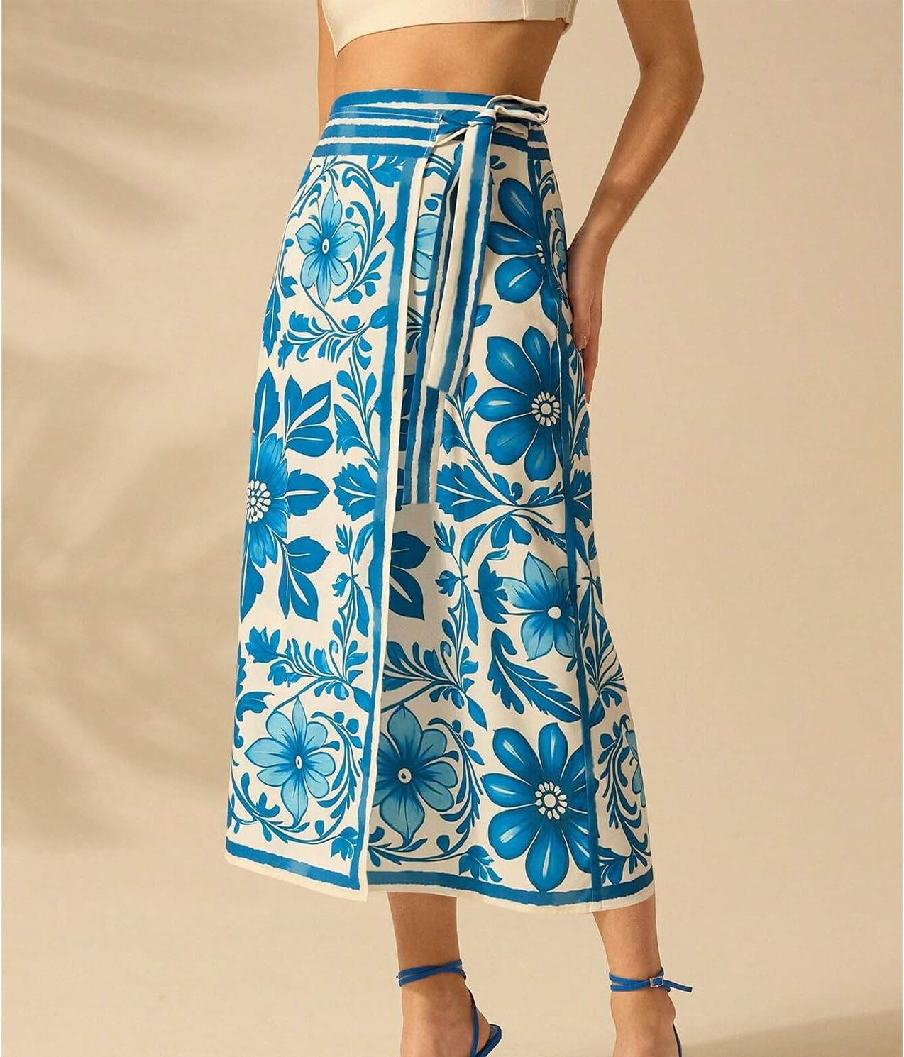 Womens Floral Wrap Midi Skirt Summer Adjustable Tie Side Casual High Waist A Line Beach Boho Long Flared Skirts - Image 3