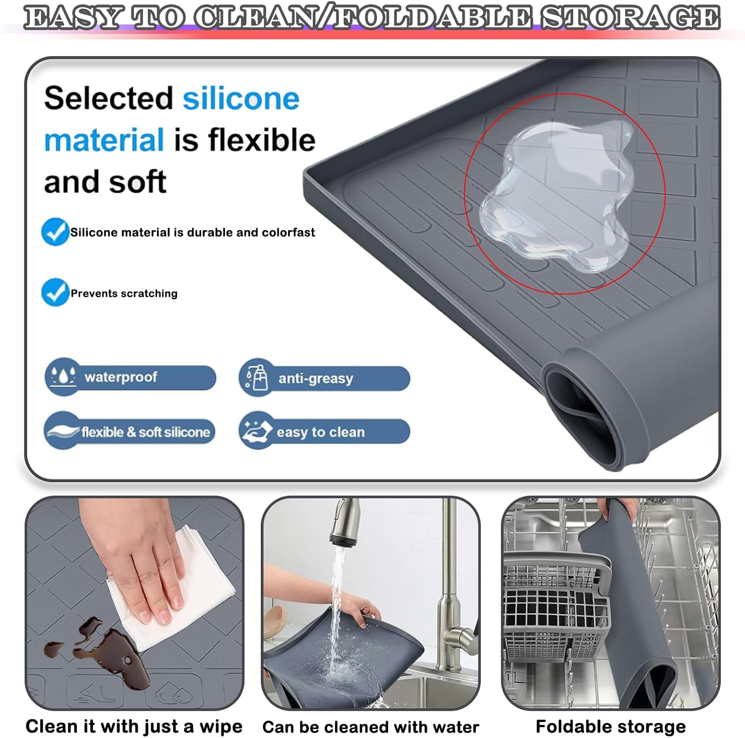 27×27×0.79inch Washer Drain Pan Silicone Mat, Waterproof Anti-Vibration Non-Slip Washer Drip Tray, With Raised Edge Washing Machine Silicone Mat, Floor Leak Protector for Laundry Room（Grey）