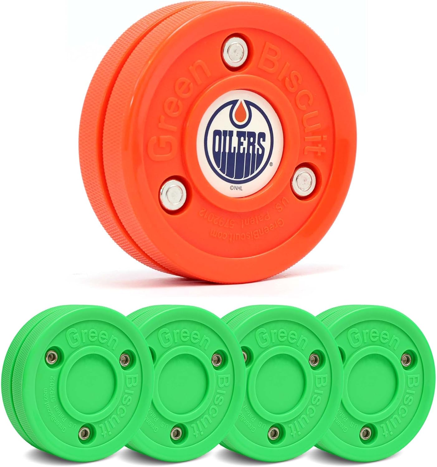 Green Biscuit Hockey Puck - 4 Pack Original Off Ice Hockey Pucks with 1 NHL Puck and GB Stickers - Official Street Hockey Puck to Improve Stickhandling and Passing Skills