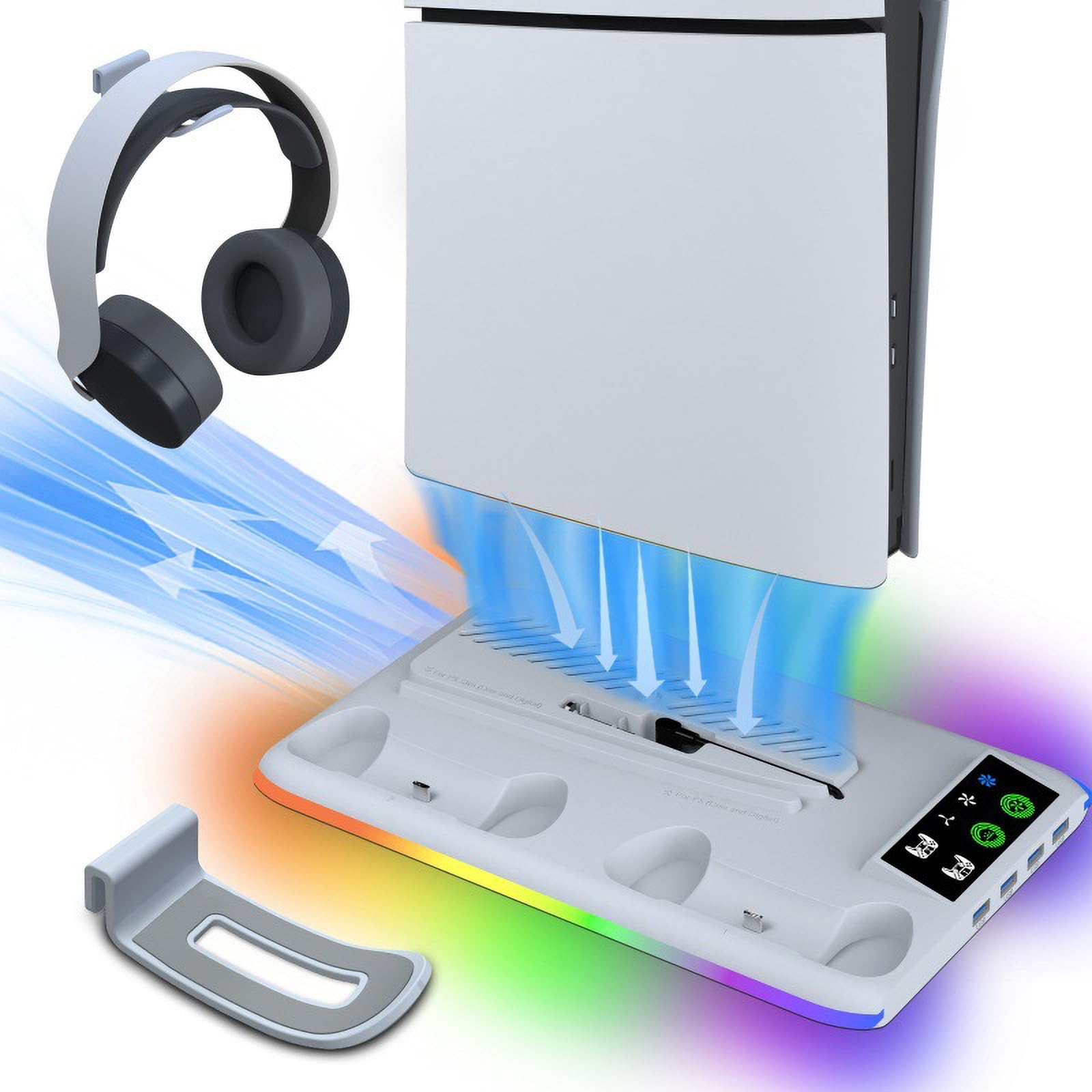 Supporto multifunzionale per ventola di raffreddamento per PS5, base in ABS con luci a LED, ideale per console di gioco, prestazioni migliorate e dissipazione ottimale del calore