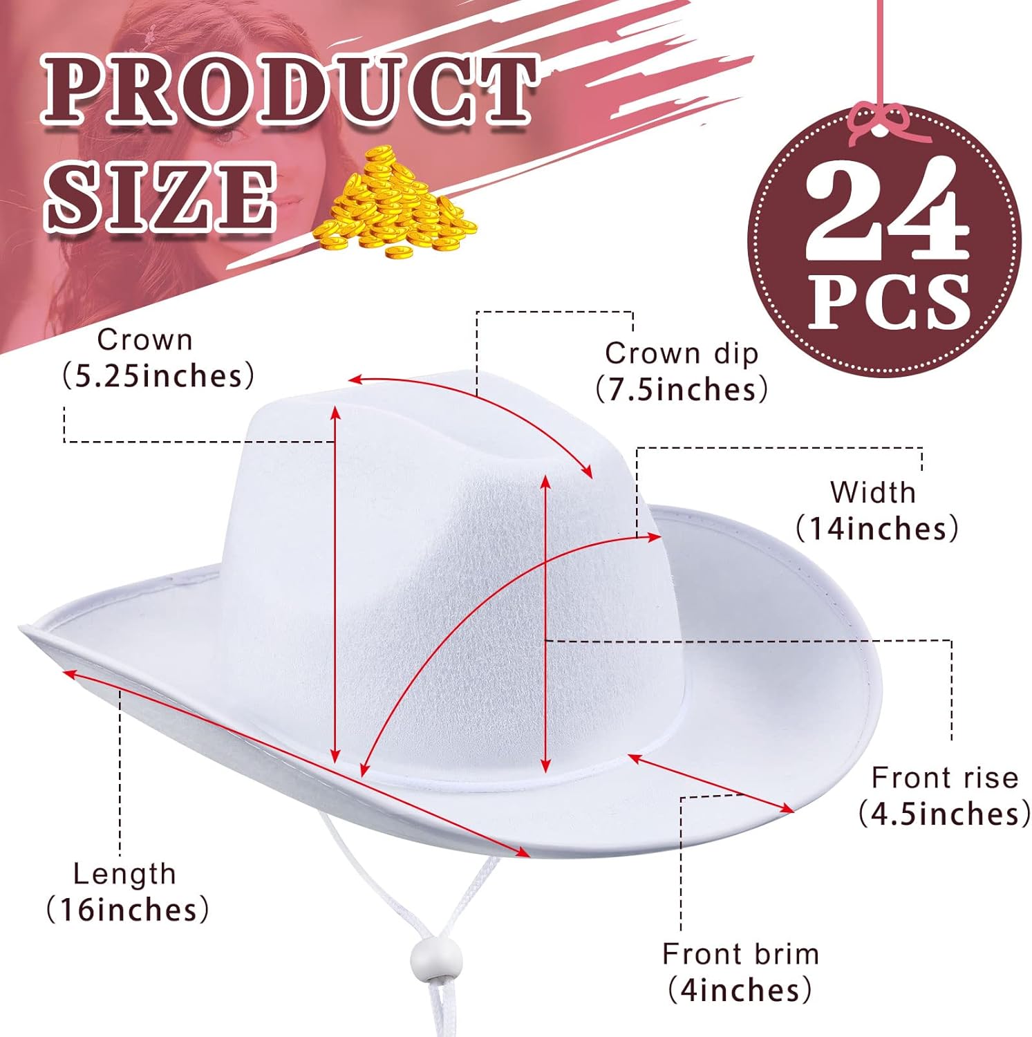 Janmercy 24 Pack White Cowboy Hats Bulk for Adult Western White Plain Cowboy Hats with String Wide Brimmed Cowgirl Hat for Wedding Performance Bachelorette Party - Image 3