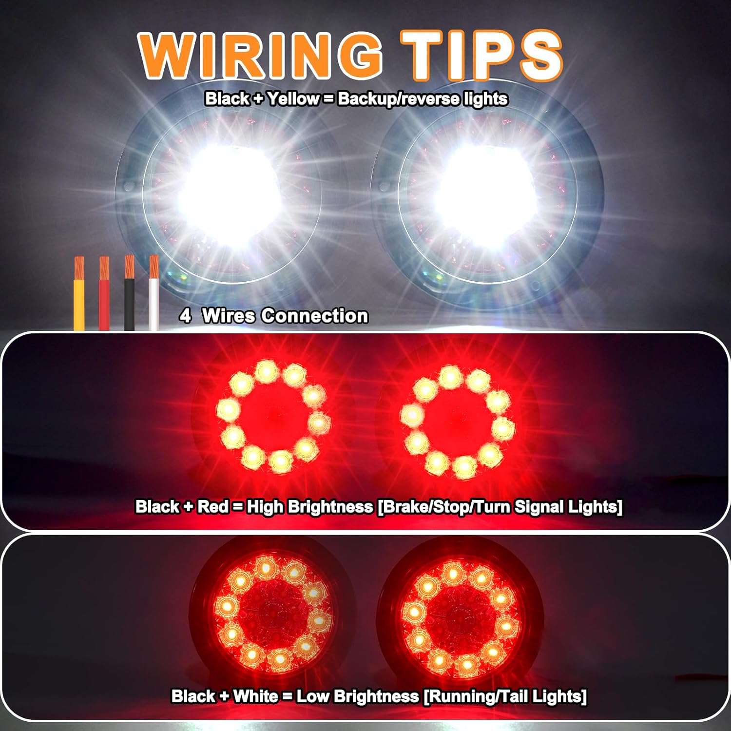 4 Pcs 4" Round LED Truck Trailer Tail Lights 16 LEDs Stop Brake Reverse Backup Running Light with Rubber Grommet Red White LED Lamps Sealed Surface Mount for Trailers Trucks RVs 12V