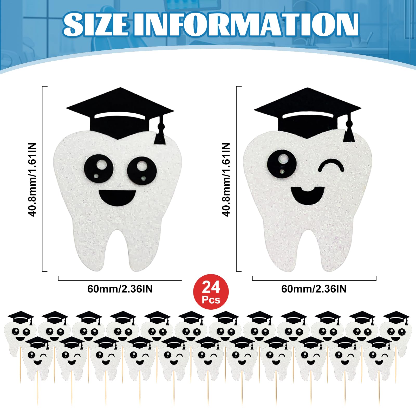 24 Pcs Congrats Dentist Graduation Cupcake Toppers, 2 Glitter Tooth Designs with Cap - Image 2