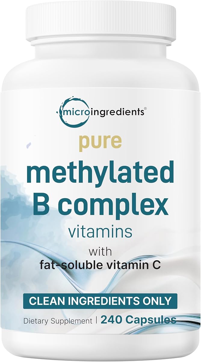Micro Ingredients Pure Methylated B Complex, 240 Capsules | 11-in-1 Formula with B12, Thiamin, Folate, Inositol, Choline & Vitamin C | Supports Energy, Mood & Nerve Health | Filler Free, Non-GMO