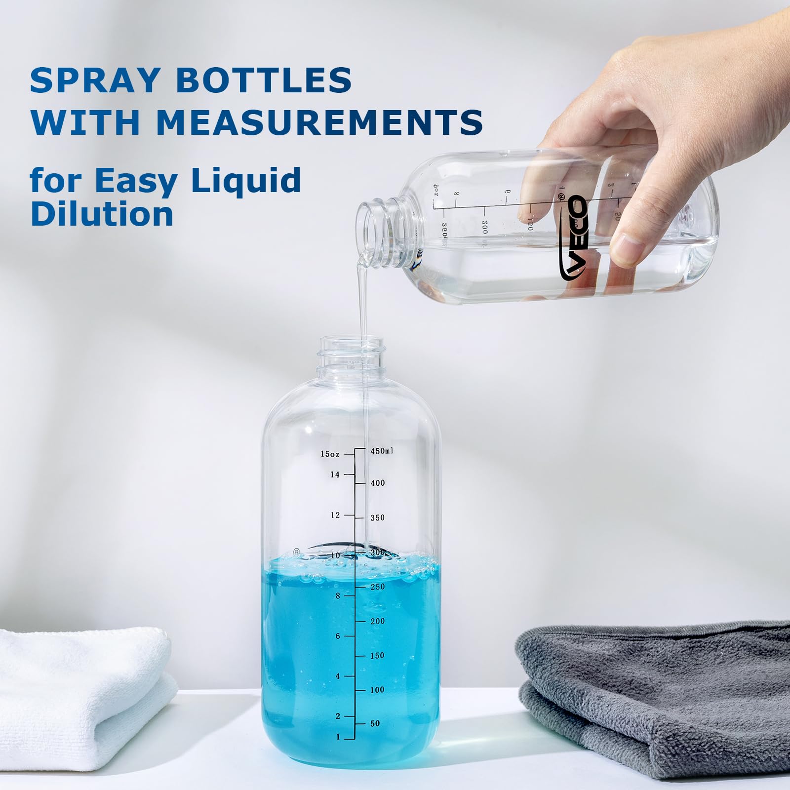 Veco Veco 500mL (17oz) Graduated Spray Bottles, 4-Pack — 360° Any-Angle Spraying for Easy Dilution, Leak-Resistant spray bottles for Cleaning, Plants, Hair & Pet Use + Foldable Funnel in use