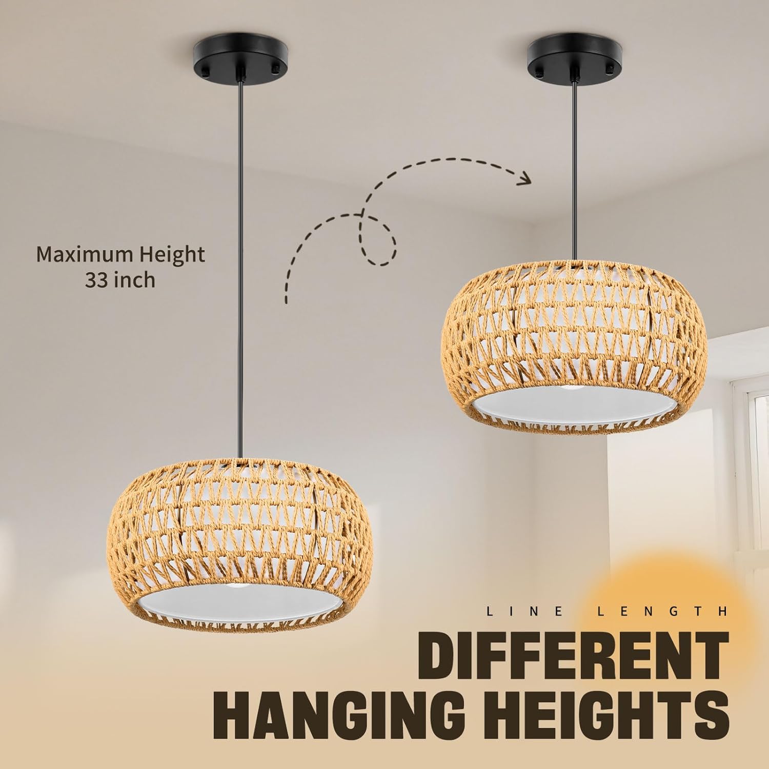 Pendant Lights, Plug in Pendant Light, Hanging Lamp, Boho Lamp, Woven Rattan Pendant Lamp Shade for Kitchen Island, Modern Farmhouse Chandelier Light Fixtures (Bohemian 1)