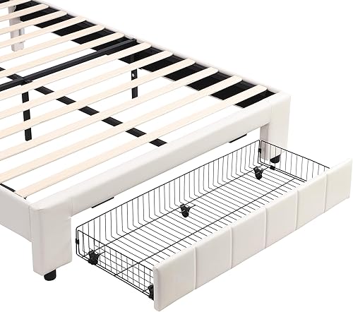 Miniatura 57 de Base de cama flotante tamaño Queen con luces LED y carga USB, marco de cama LED de plataforma tapizada moderna, no necesita somier (blanco-1)