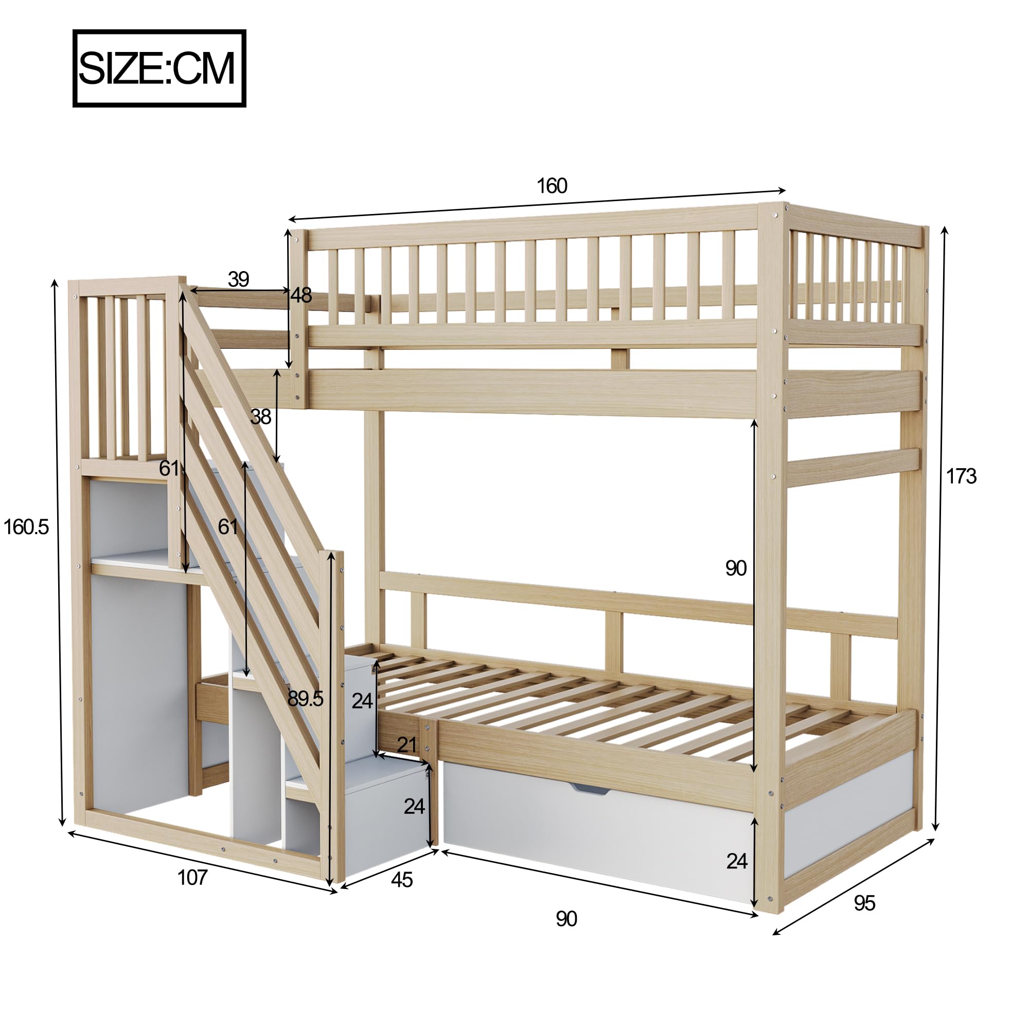 Su & Chan Legence Hochbett 90x200 cm mit Treppe, Stauraumschränken und Schublade, Etagenbett aus Massivholz mit hohem Geländer für Kinder, ohne Matratze, Holzfarbe