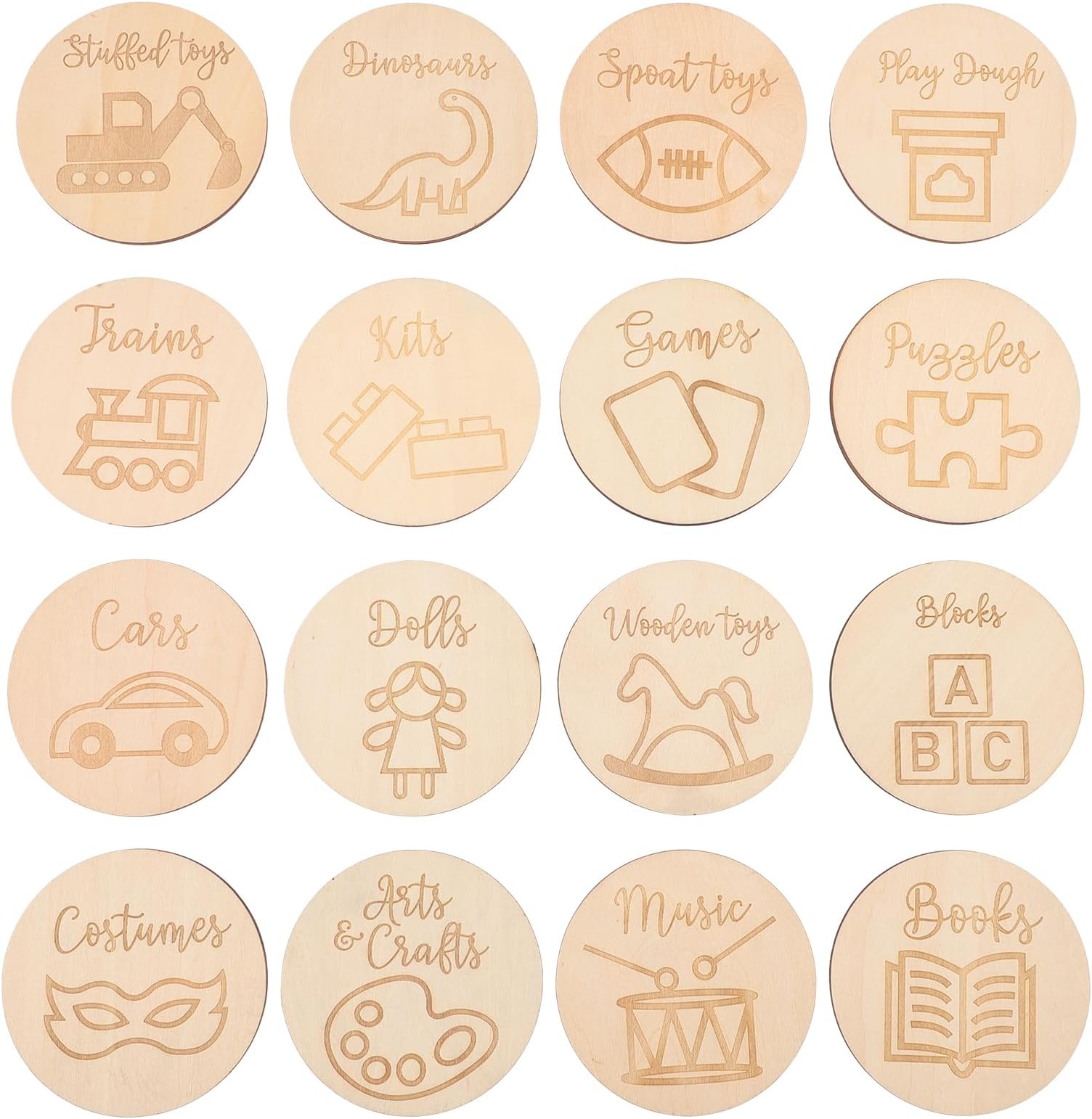 Kisangel 16pcs Wooden Round Tags Playroom Toys Labels Circle Wooden Labels for Toy Organizer Ornament