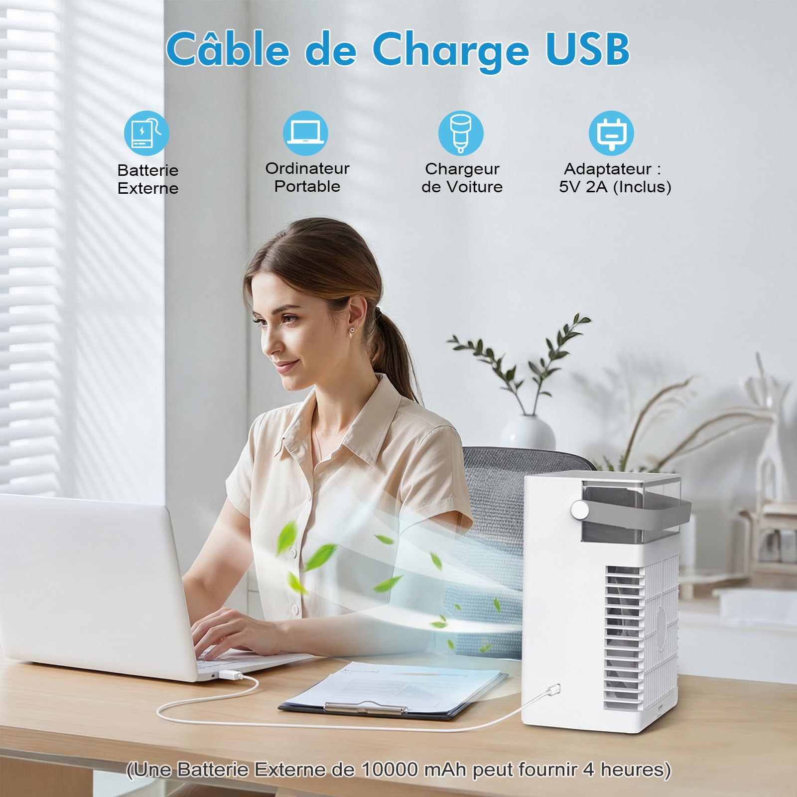 Mini Climatiseur Portable 3-en-1, Réservoir d'Eau 1L, 4 Vitesses Réglables, 3 Minuteurs, Lumière RVB Intégrée, Climatiseur Mobile Silencieux avec Télécommande pour Maison, Bureau