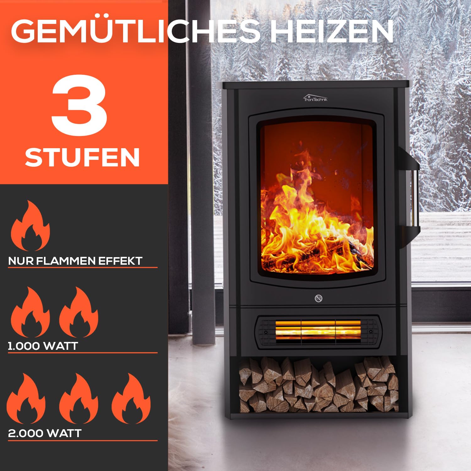 Tronitechnik® Elektrokamin elektrisch - Kaminfeuer mit LED Flammeneffekt, 1kW/2kW Watt Kamin, mit Thermostat Panorama-Sichtfenster Heizfunktion, 2 Heizstufen, mit Ventilation