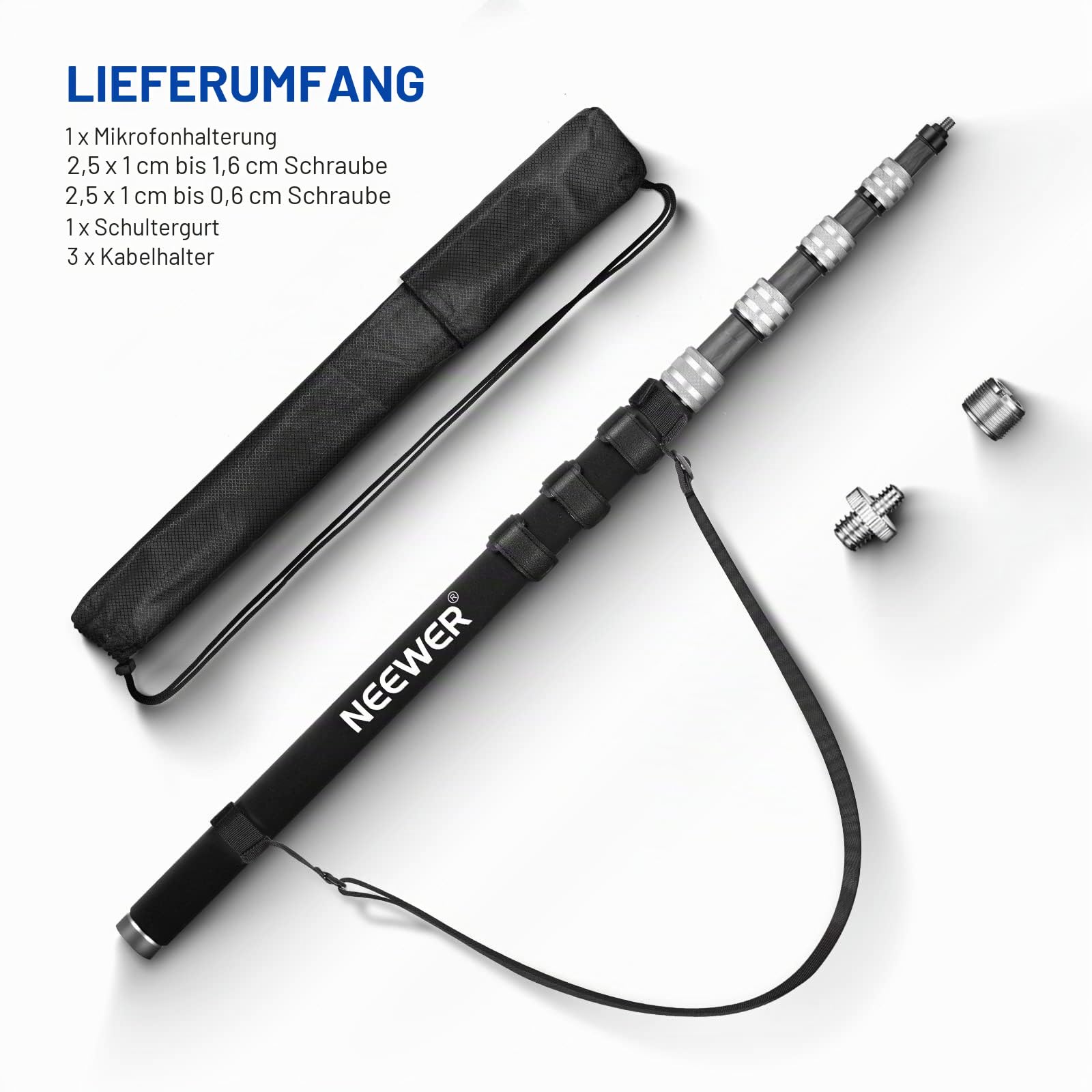 NEEWER Verbesserte Mikrofon Galgenstange, 300cm Teleskop Kohlefaser Mikrofonarm mit 5 Abschnitten, 1/4” 3/8” 5/8” Schraubenadapter, Kabelgurte, Schultergurt und Aufbewahrungstasche,MS-300C