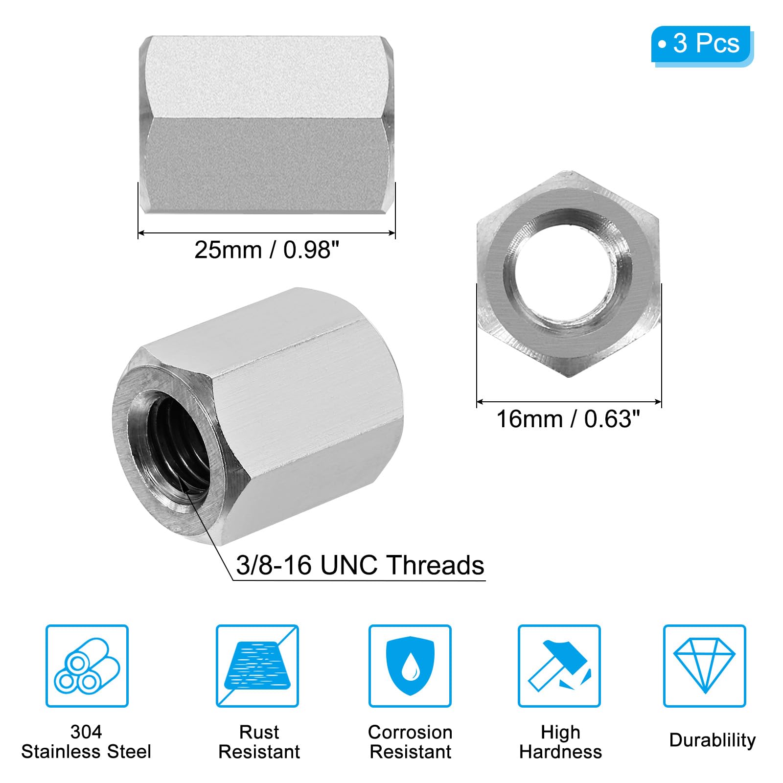 PATIKIL 3/8"-16 UNC 304 Stainless Steel Hex Coupling Nuts - Image 2