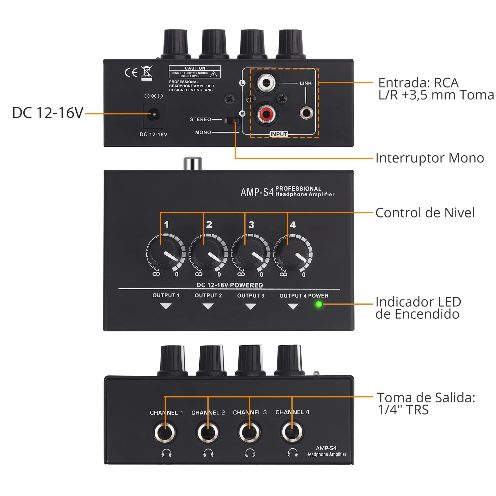 Neoteck Amplificador de Auriculares Estéreo Portátil 4 Canales Divisor Multicanal Jack de Auriculares TRS y Entrada de Audio TRS para Mezclador de Sonido con 5 Piezas de Adaptador 6.35mm to 3.5mm