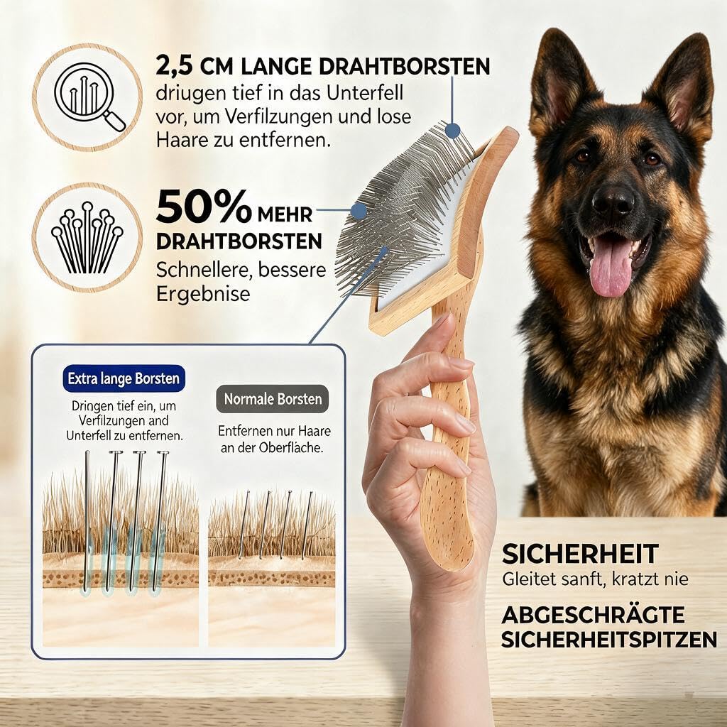 5-teiliges Hundepflege-Set – Große Slicker-Bürste mit langen Stiften für Doodles, Goldendoodles & Pudel – Hundebürste für lockiges Fell, Entfernt Verfilzungen & Knoten, Holzgriff – Holz