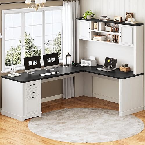 Miniatura 7 de SEDETA - Escritorio esquinero en forma de L de estilo granja con aparador y 3 cajones, escritorio ejecutivo de oficina de 68.9" con cajón para