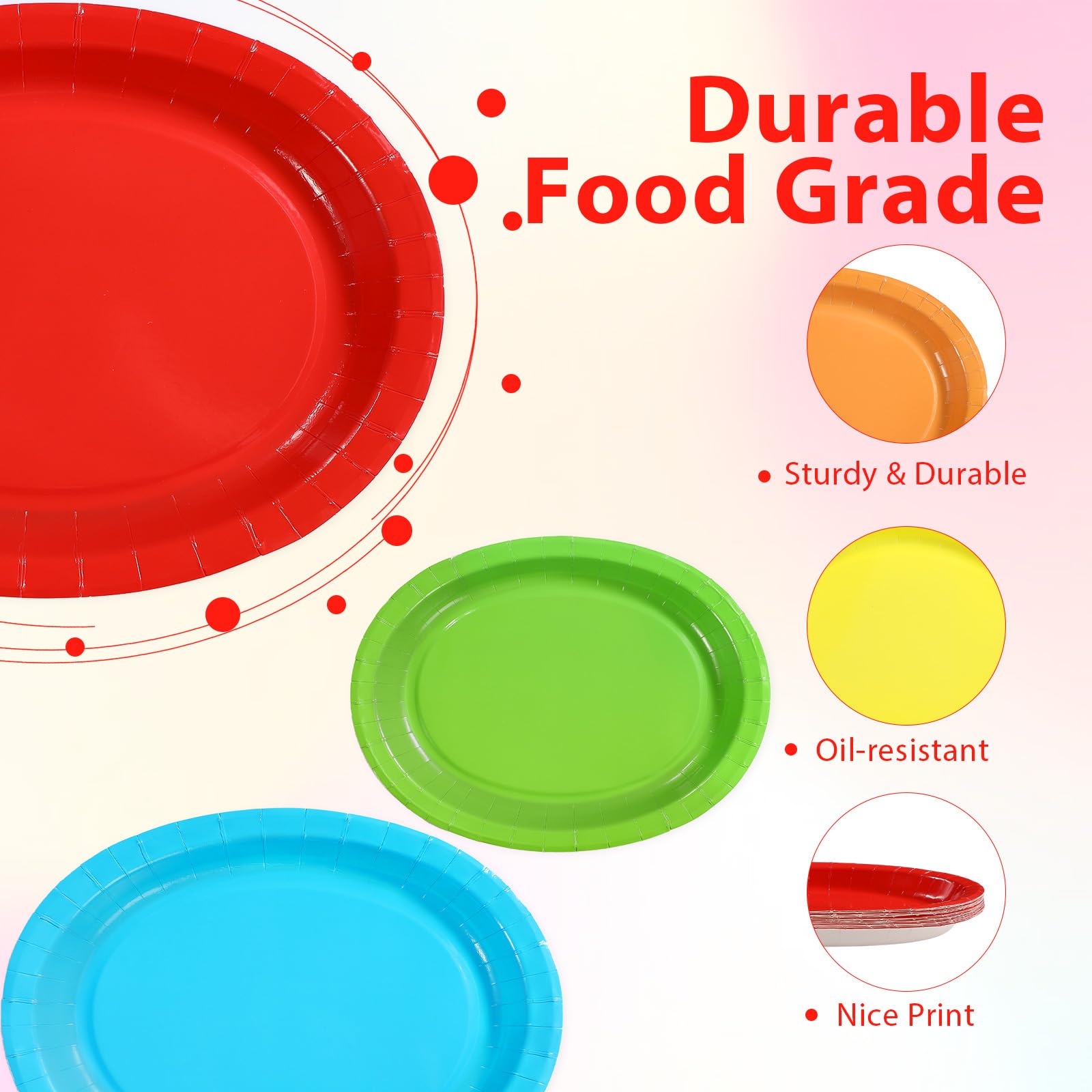 Grencian Bunte ovale Pappteller, 25,4 x 30,5 cm, groß, einfarbig, Regenbogen-Partyteller, 5 klassische Farben, robuste mexikanische Einwegteller für Fiesta, Karneval, Neon, Geburtstag, Weihnachten