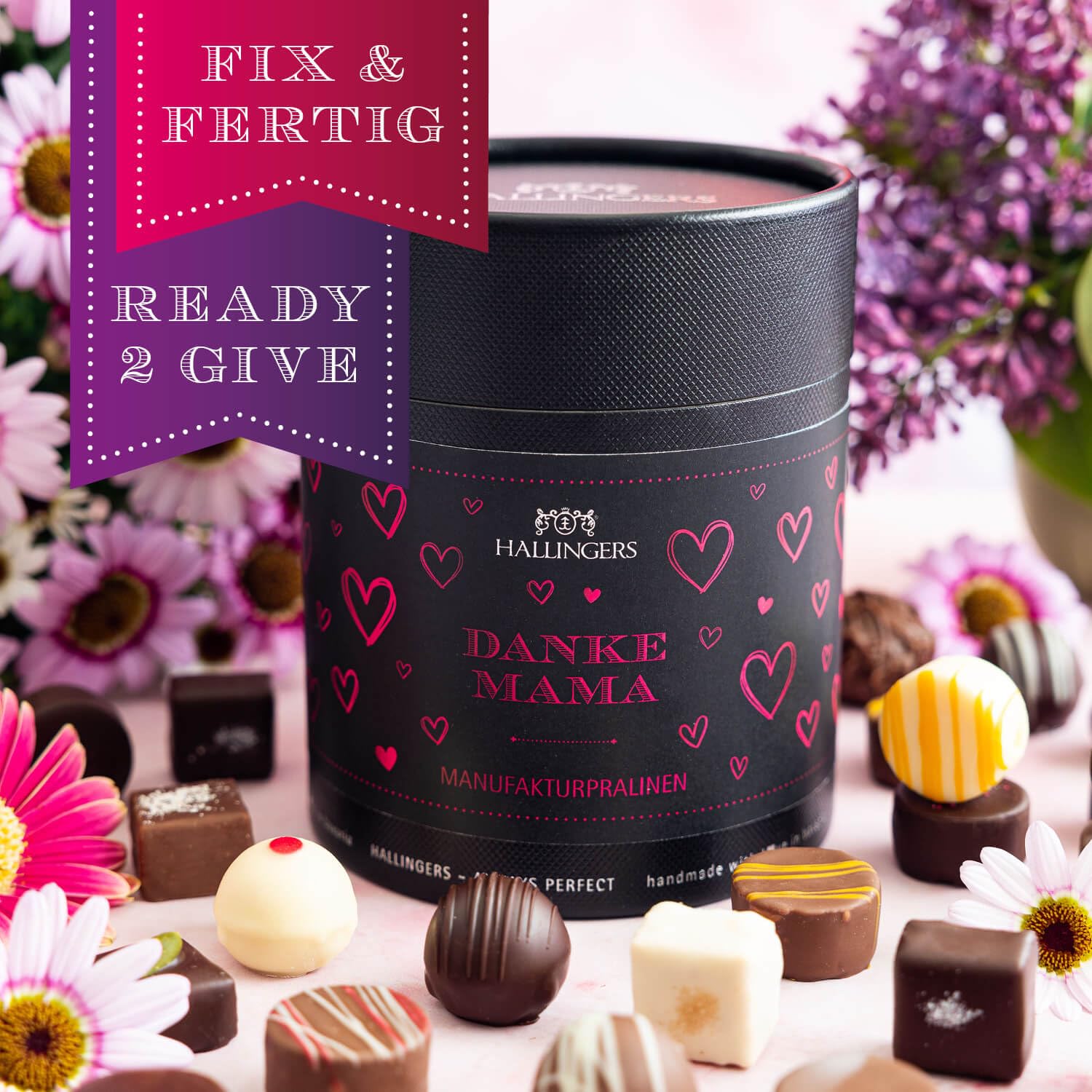 Hallingers Genuss Manufaktur Pralinen Muttertagsgeschenk - ohne Alkohol, handmade aus Confiserie-Edelkakao in wertiger XXL-Geschenkdose "Danke Mama", Geschenkidee für Mama Oma