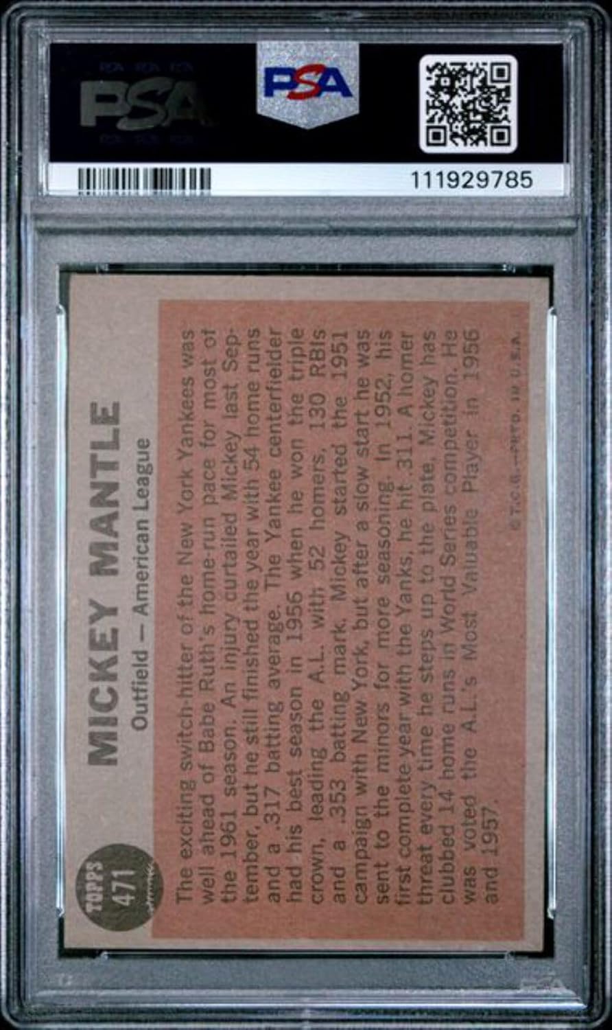 Graded 1962 Topps All Star Mickey Mantle #471 Baseball Card PSA 4 VG-EX