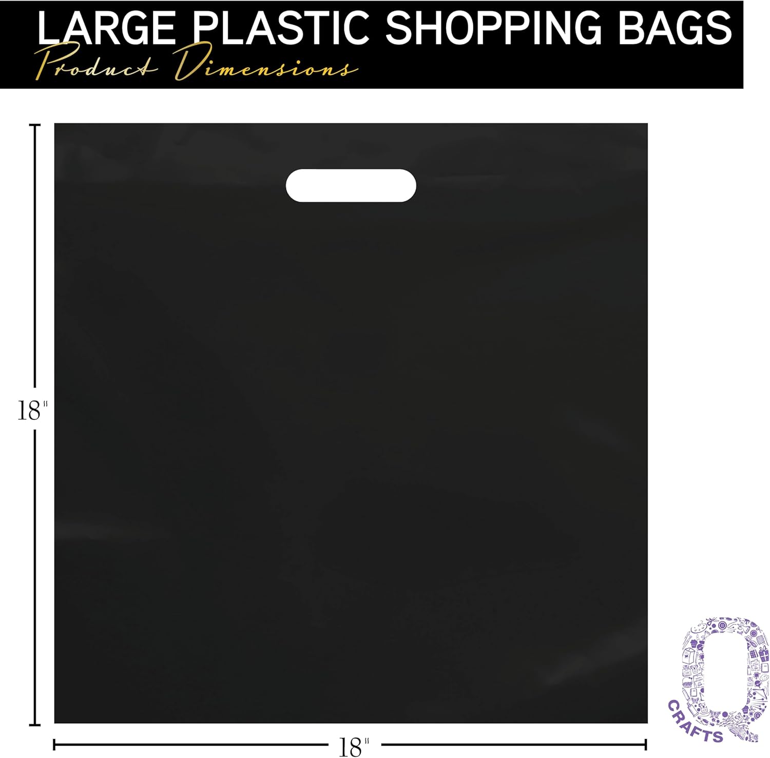 Purple Q Crafts Large Plastic Bag with Die Cut Handle Bag 18"x18" Black Plastic Merchandise Bags 50 Pack for Retail, Gifts, Trade Show and More - Image 2