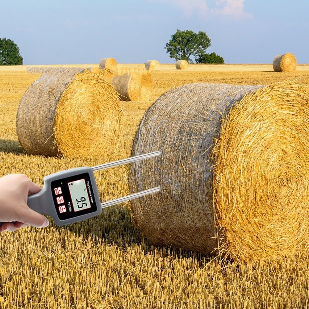 FACAIIO TK100H - Medidor de humedad de heno portátil, pantalla LCD retroiluminada, precisión basada en la conductividad para compensación automática de temperatura