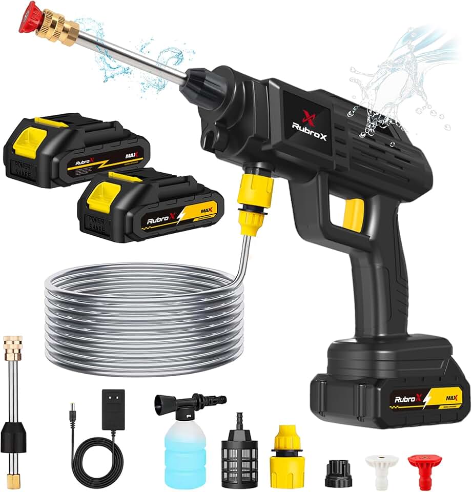 Lavadora de Alta Pressão Portátil RubroX Econômica - Kit de Limpeza Sem Fio com Bateria Recarregável, Leve e Potente para Jardim e Moto (Preto)
