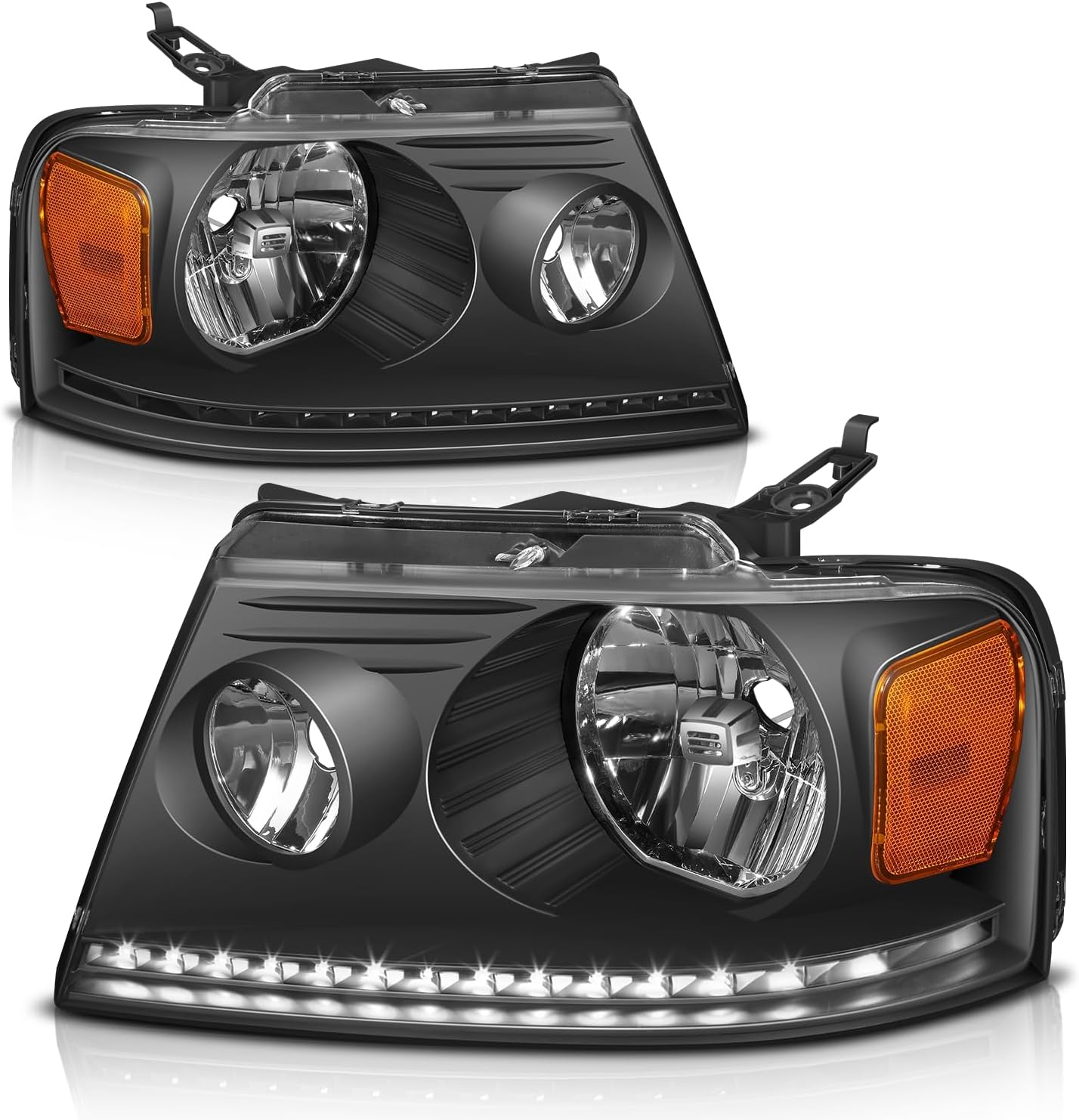 Auto Dynasty LED DRL Headlights Assembly Compatible with 2004-2008 Ford F-150 Lincoln Mark LT, Driver and Passenger Side Halogen Headlamps w/LED Running Light Strip, Black Housing Amber Corner