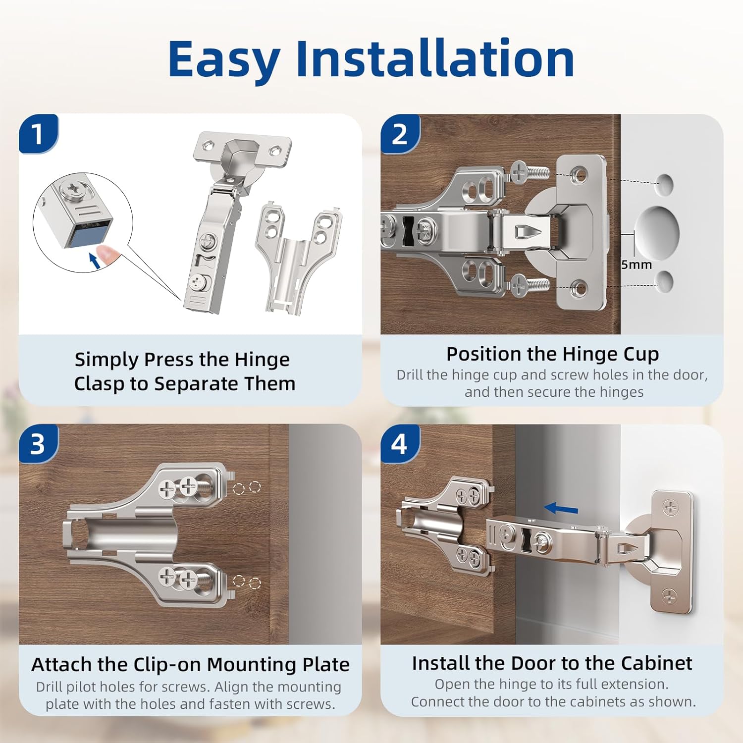 20 Pack 3/4" Full Overlay Soft Close Concealed Hinge for Face Frame ＆ Frameless Door, 3D Adjustment, Clip-on Plate, Slow Self Closing Hidden Satin Nickel, 105° Stainless Steel Hinges, 5/8"