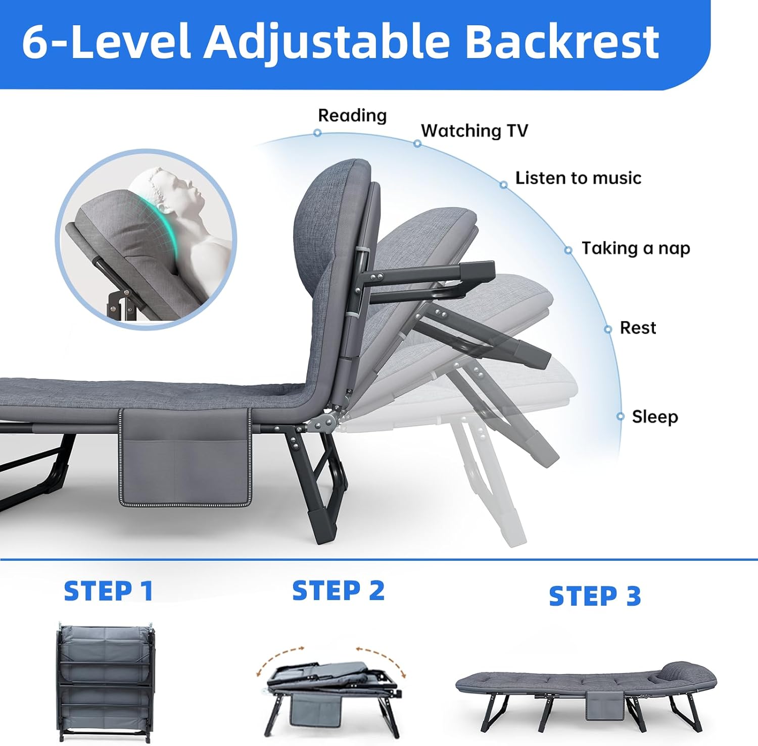 Camping Cot with Mattress, No Assembly Required Heavy Duty Folding Camping Cot for Adults, 550 Lbs Capacity Adjustable Portable Sleeping Bed for Indoor, Outdoor & Patio Use (L''70)