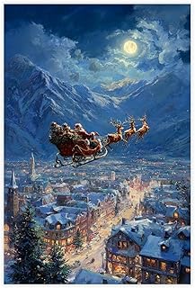 UZWGG 1pcs Unframed Wall Art Santa Claus Giving Gifts Canvas Prints Poster Christmas Santa Shuttle Town Wall Decor Pictures for Children's Room Nursery Dorm School Only Canvas 12x18inch(30x45cm)