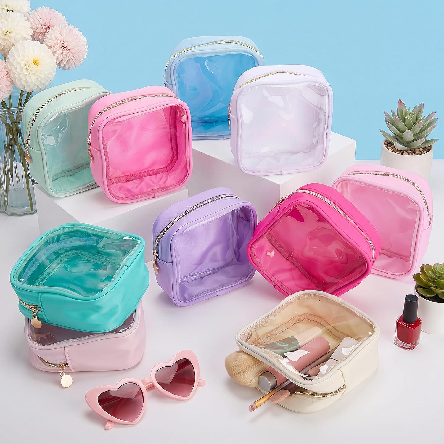 Paterr 50 Pieces Clear Nylon Makeup Bags Bulk Mini Nylon Pouch Small Clear Cosmetic Bag with Zipper Travel Makeup Bag Purse Organizer for Women