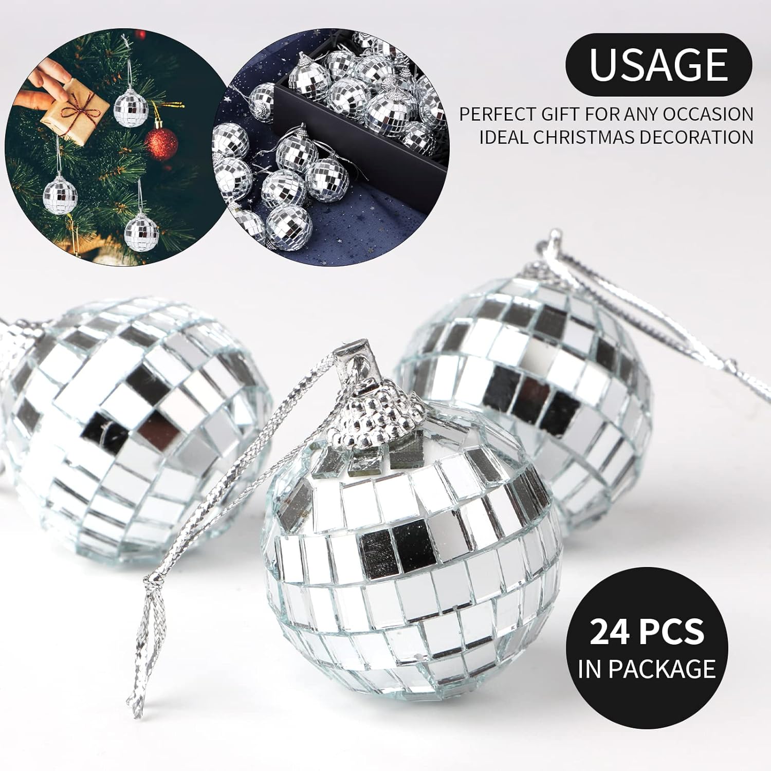 12Pcs Silver Disco Mirror Ball for Party Decoration, Christmas Tree Wedding Birthday Party Ornaments (1.18 inch)