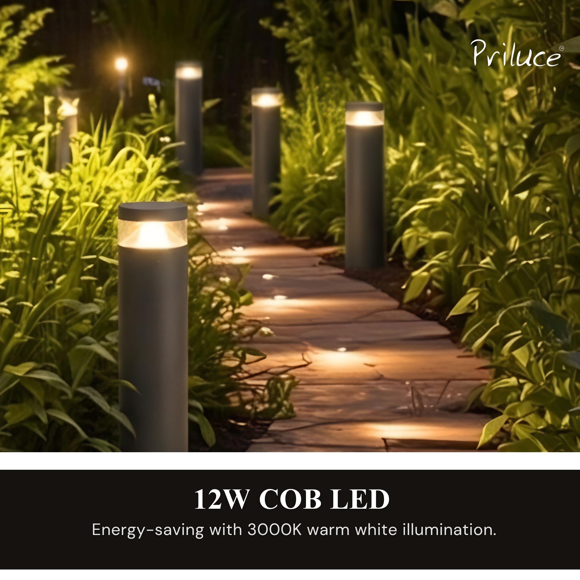 PRILUCE 12W COB Outdoor Pathway Bollard Garden Post Light | 508mm | Graphite Grey Die-Cast Aluminium | IP65 Waterproof | Powered by CREE 2