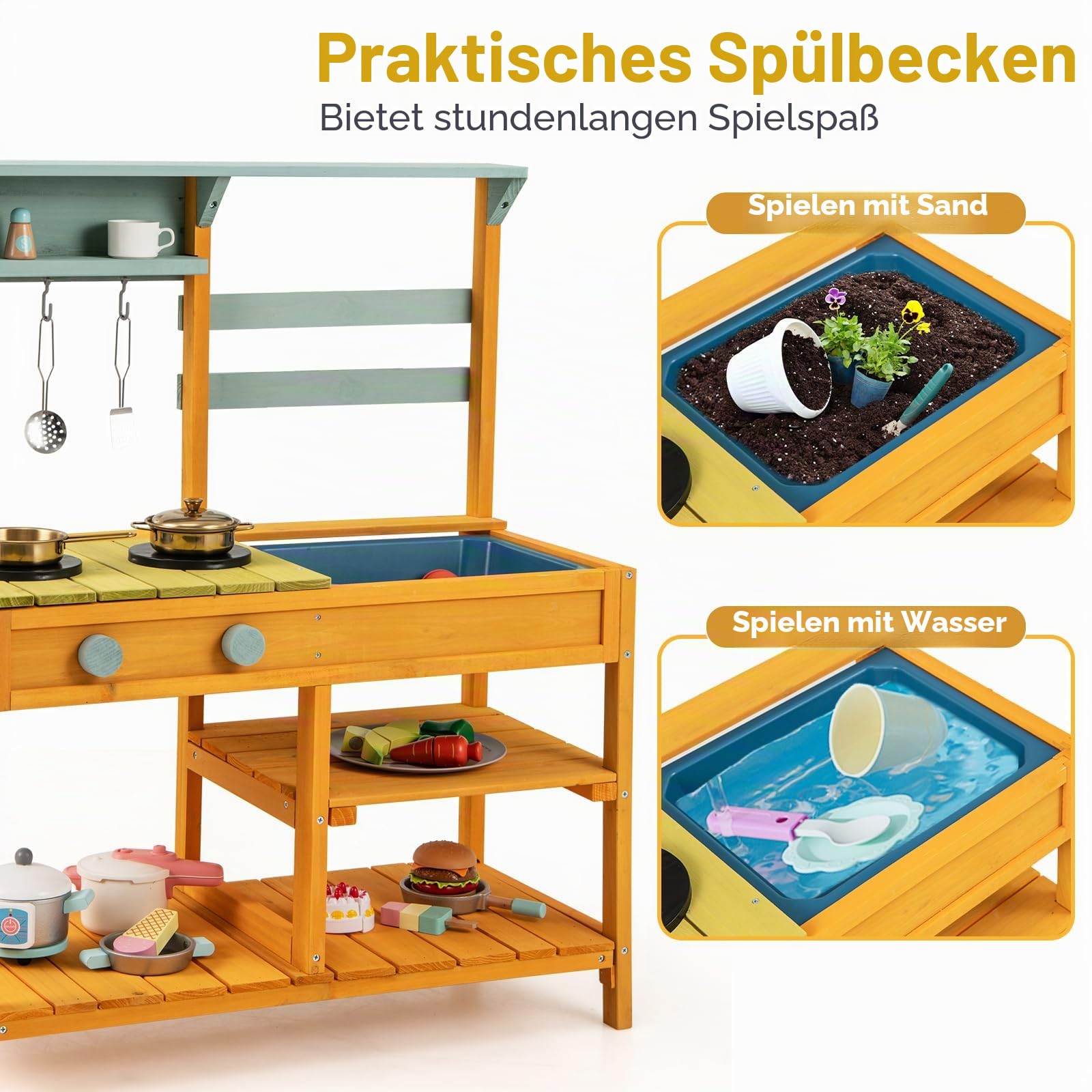 HOMASIS Matschküche Kinder Outdoor, Kinderküche mit Waschbecken Spüle Herd, Spielküche Holz, Spielzeugküche mit 3 Haken & Regalen, Holzküche Gartenküche für Kinder ab 3 Jahren (Gelb)