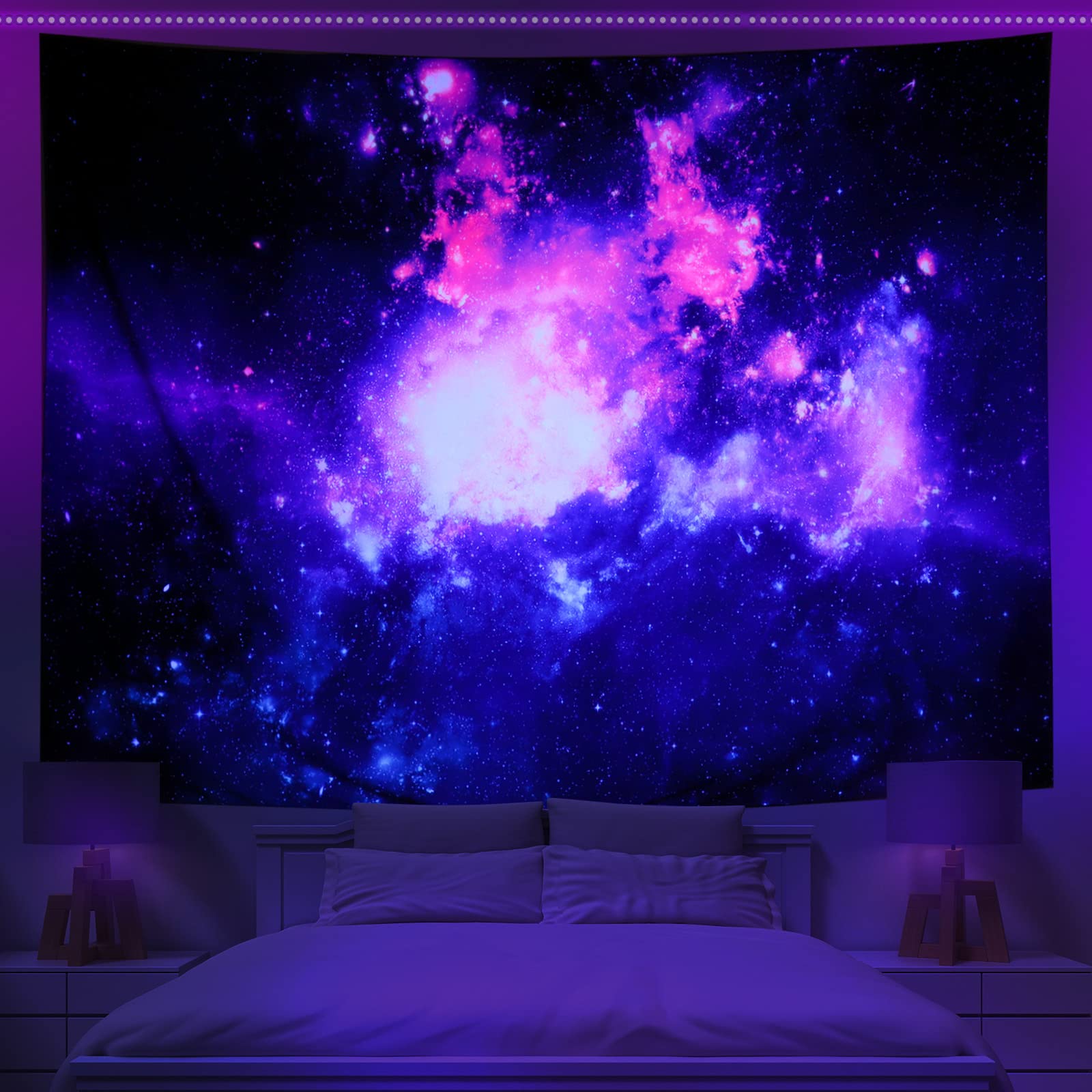 Amtoodopin Blacklight Galaxy Tapestry UV Reactive Neon Tapestry Psychedelic Tapestry Purple Starry Night Sky Tapestries Trippy Universe Space Tapestry Glow in the Dark Cosmic Tapestry Wall Hanging for Bedroom - W78"×H59" Blacklight Galaxy