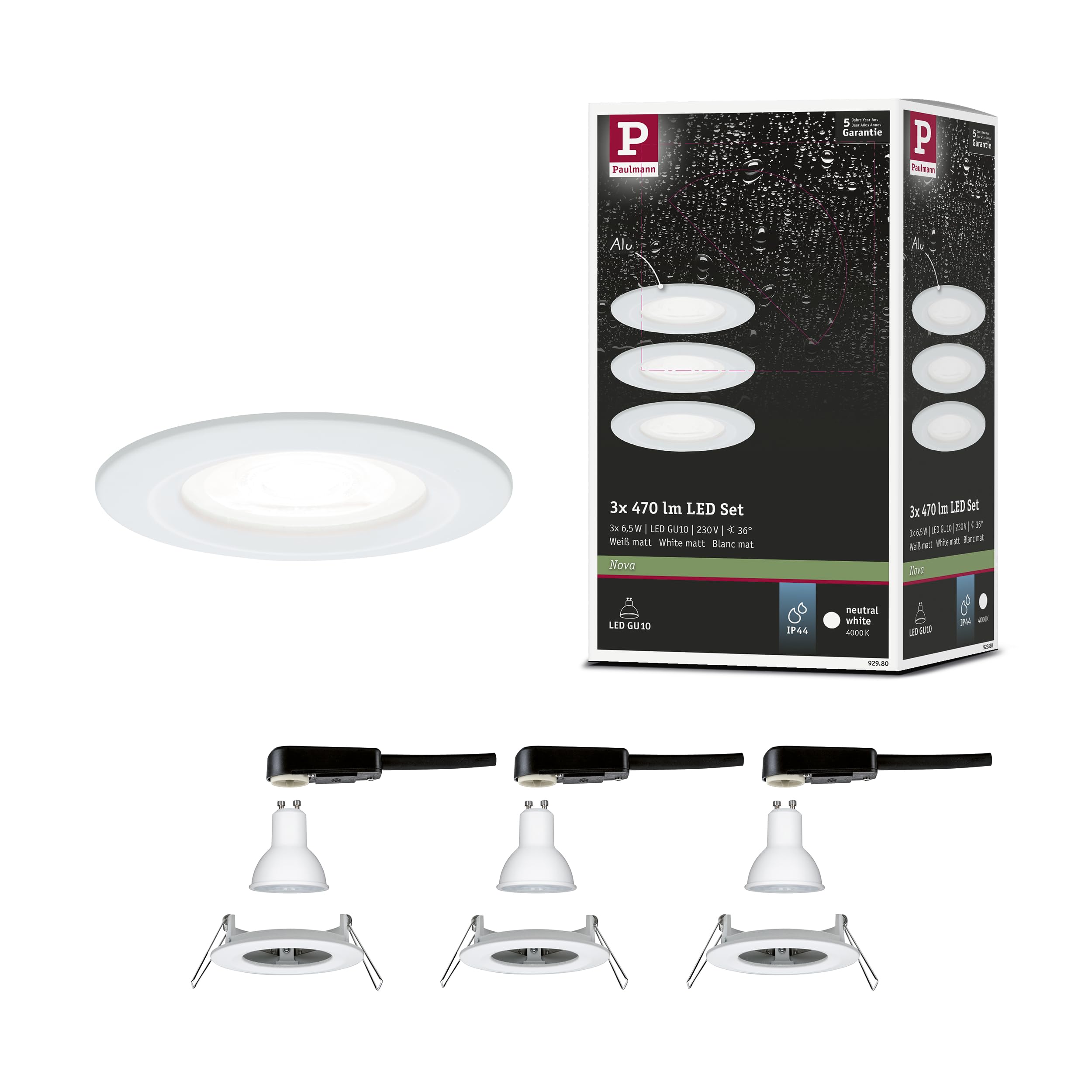 Paulmann 92980 Nova LED recessed luminaire Set of 3 Round 3x6.5W recessed Spotlight White matt spot Aluminium zinc recessed lamp 4000K GU10