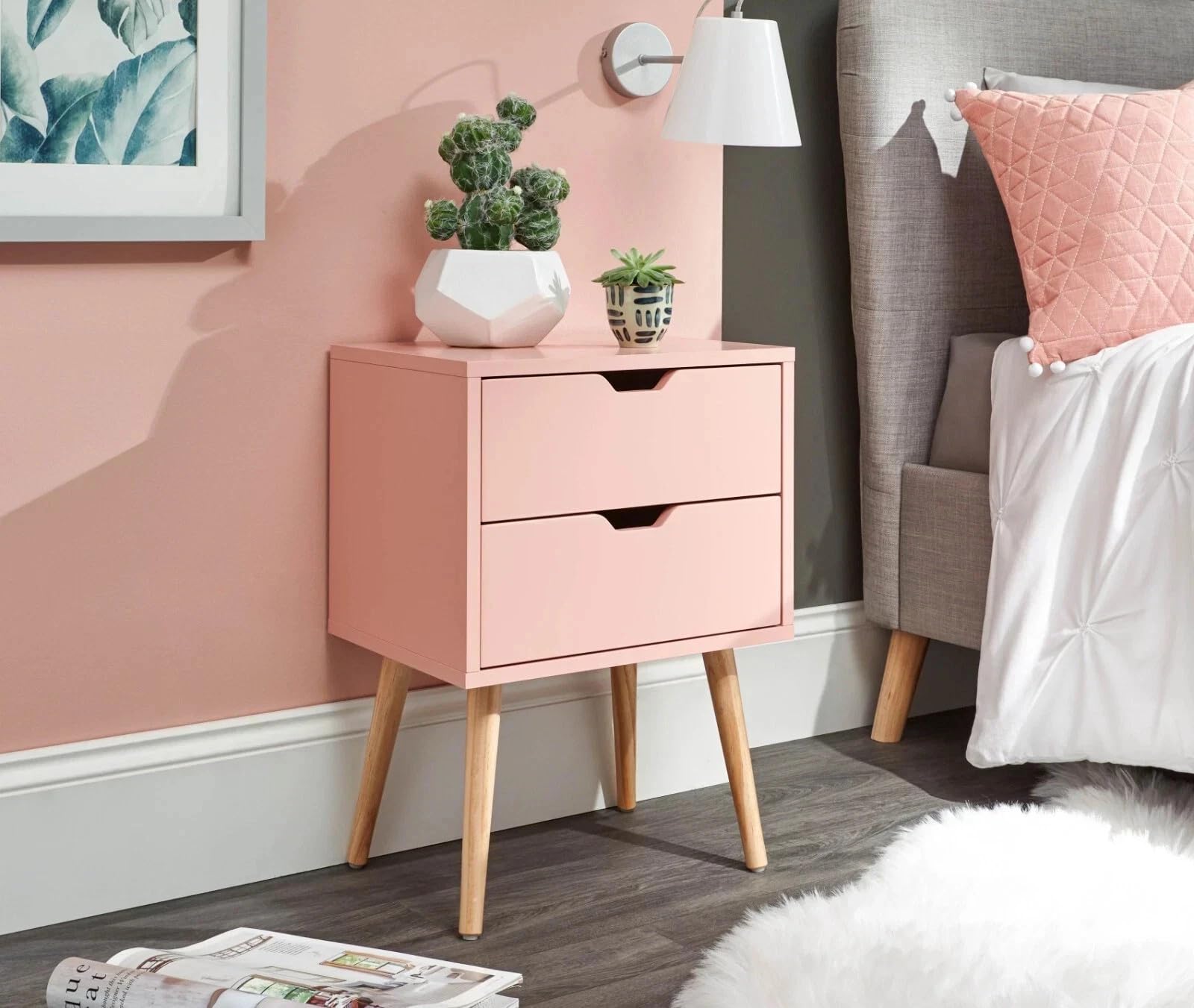 GFW Nyborg 2 Drawer Bedside Cabinet, Coral Pink Scandi Bedside Table with Wooden Legs and Cut-Out Handles