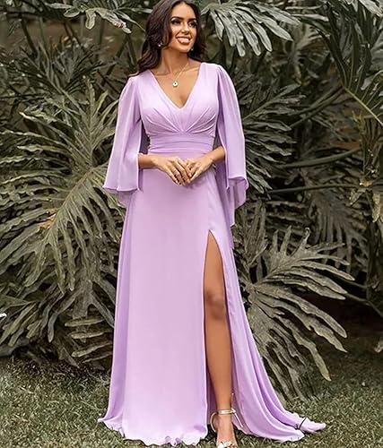 Miniatura 7 de Leeskoot Vestidos de dama de honor rojos de manga larga para mujer, para boda, vestido de noche plisado de gasa larga con abertura 2023