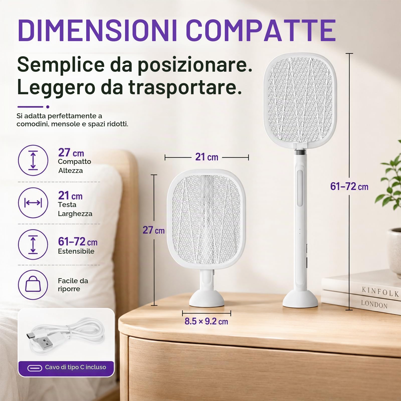 Racchetta Zanzare Elettrica (2 Pezzi), 5000V Ammazza Zanzare e Mosche 2 in 1 con Luce Notturna, Testa Pieghevole 180° e Lunghezza regolabile da 61 a 72 cm, 2000mAh, Lampada Antizanzare da Interno