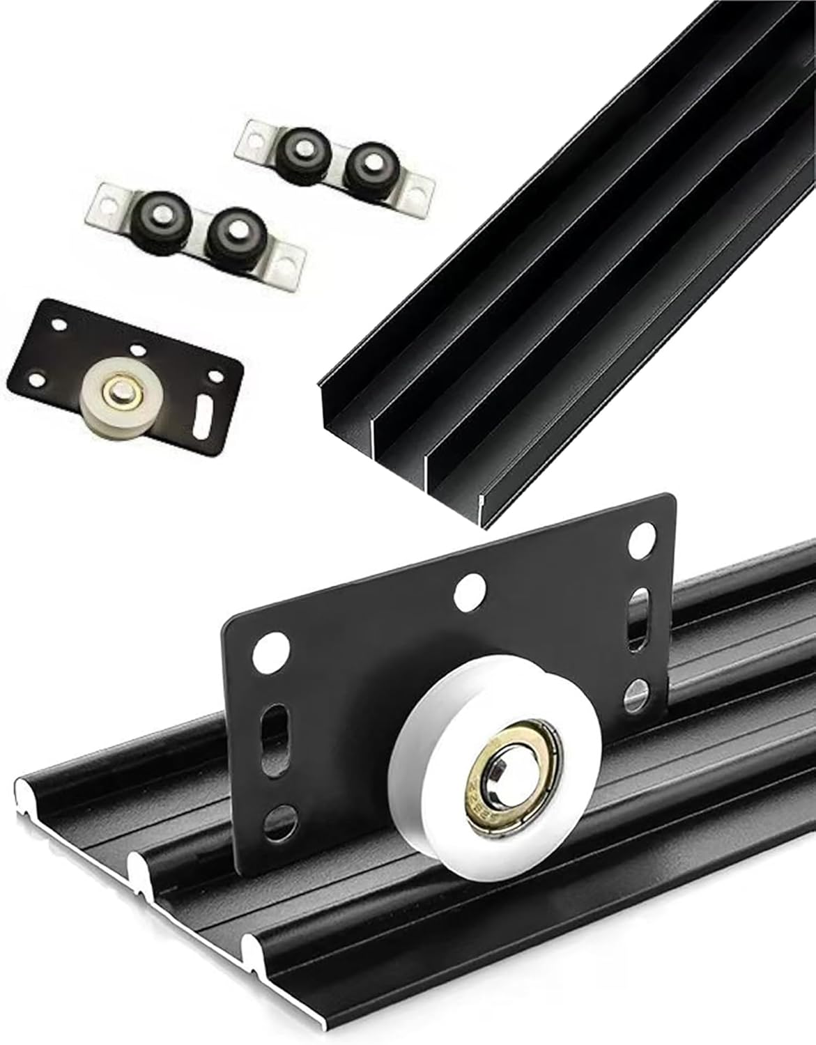 Wardrobe Door Track, Triple Track Sliding Door Hardware Kit Black and Milk 39.4-106.4 Inches(Black,Three -Track 39.4")